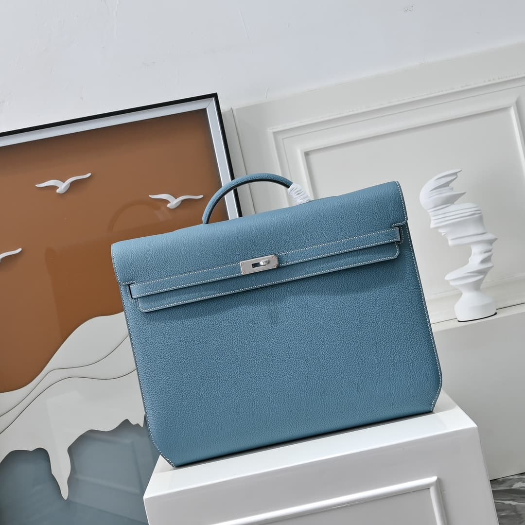 Hermes Kelly depeches Togo 36 briefcase In Light blue CalfskIn WAX High