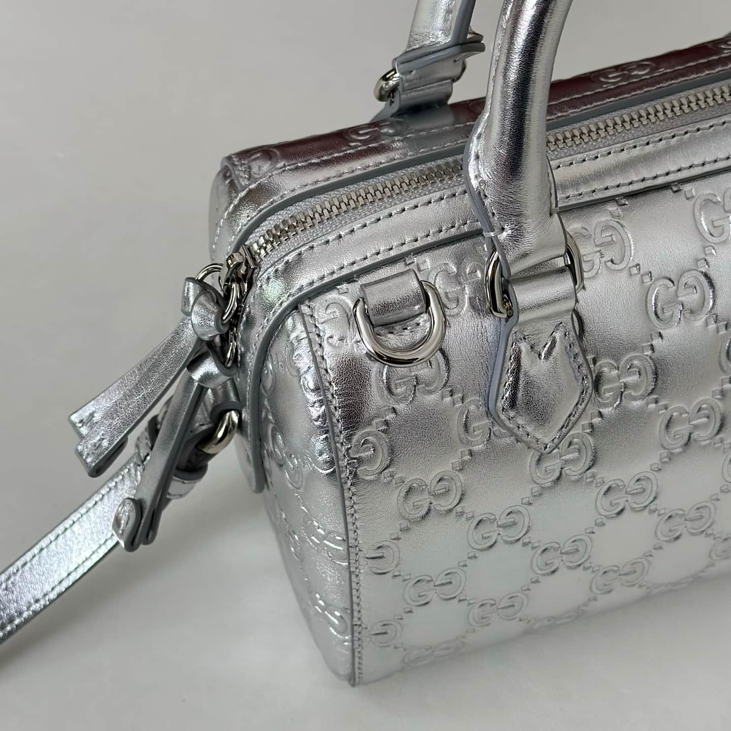 Gucci GG Emblem Small Boston Bag In Silver GG Leather 848889 High