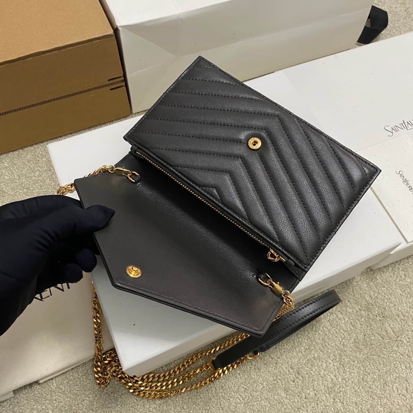 Saint Laurent Monogram Matelassé Cassandre Wallet on Chain Black Lambskin 393953 High