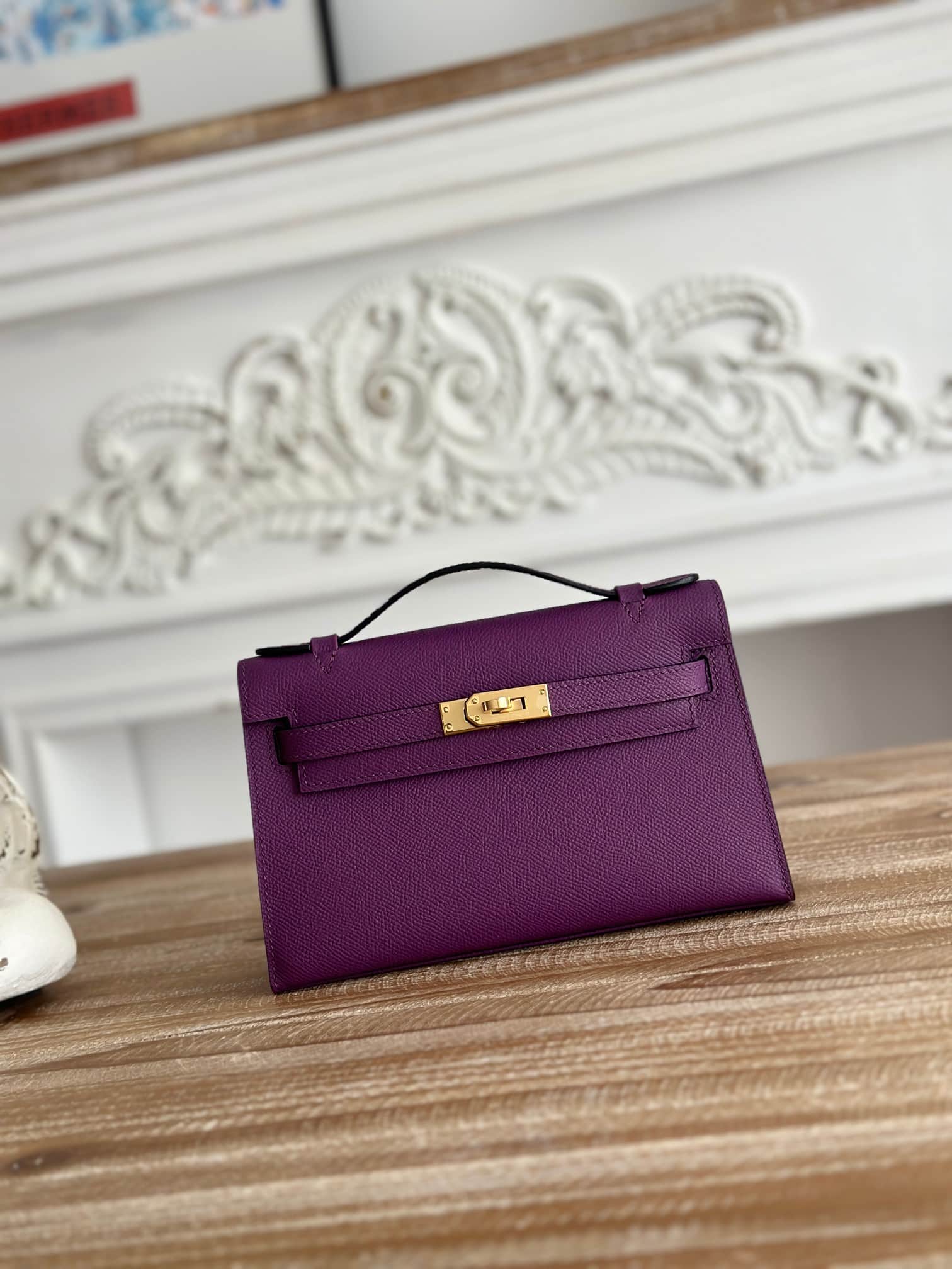 Hermes Kelly Pochette Bag Epsom Leather Silver/Gold Metal Anemone WAX High