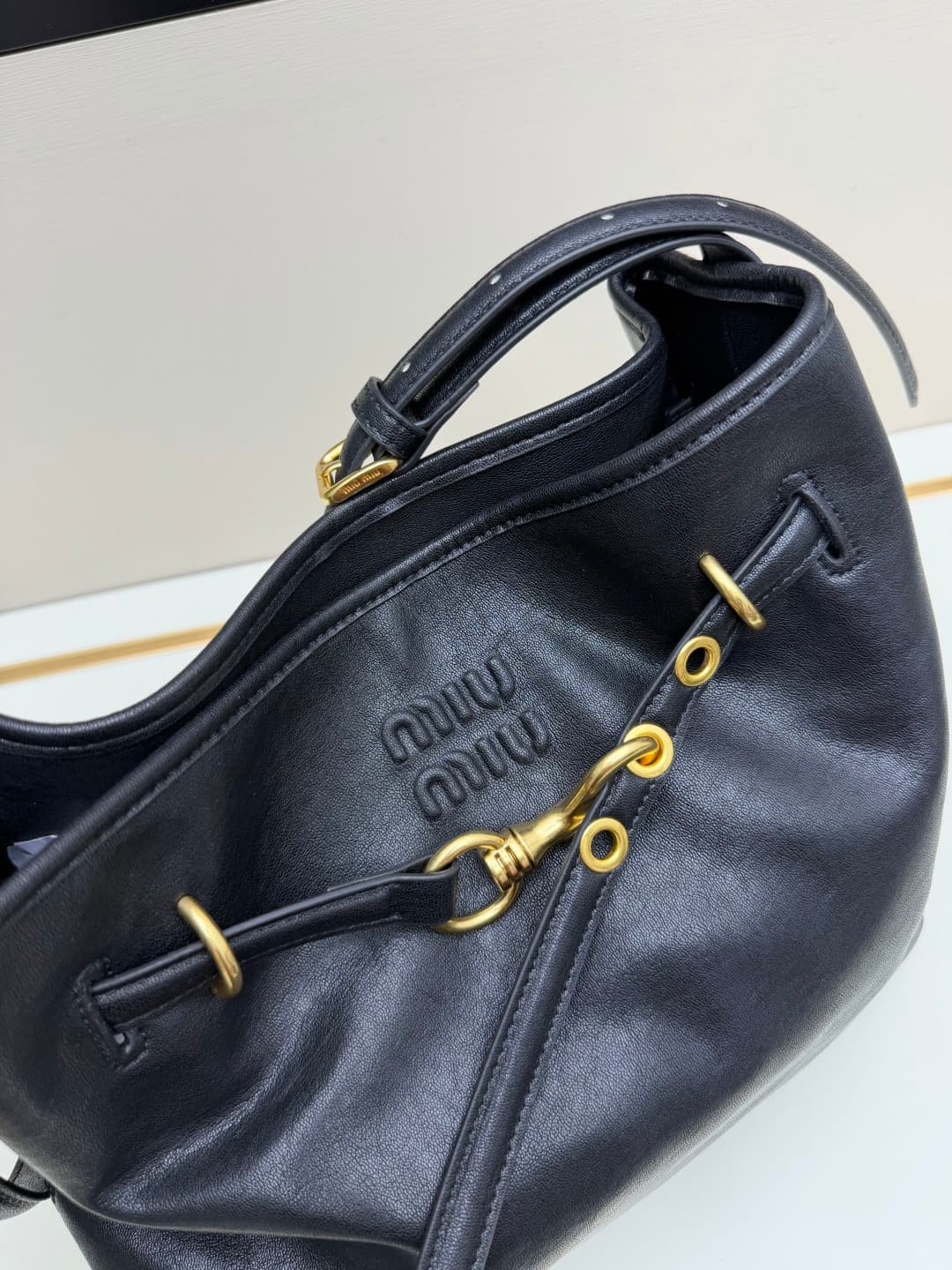 Miu Miu Aventure Calfskin Leather Bucket Bag Black High