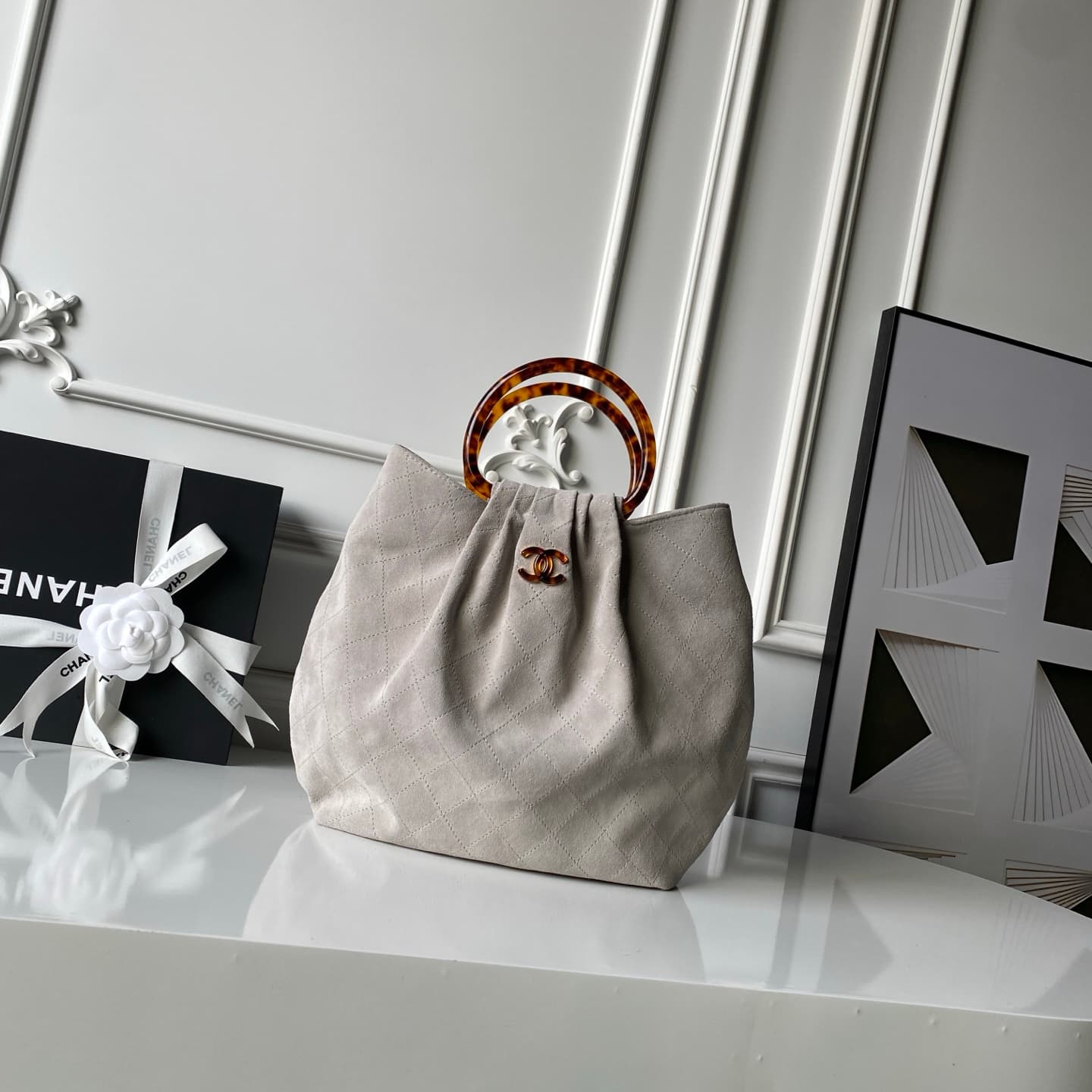 Chanel Medium Hobo Bag Suede Calfskin Turtoise-Shell Effect Plexi & Gold-Tone Metal Grey AS6010 High