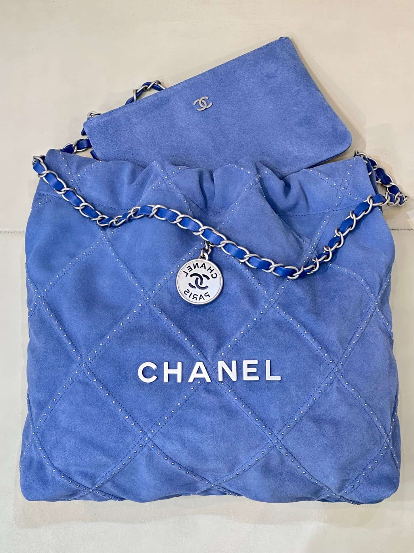 Chanel 22 Small handbag Suede calfskin studs & silver-tone metal AS3260 Blue TOP