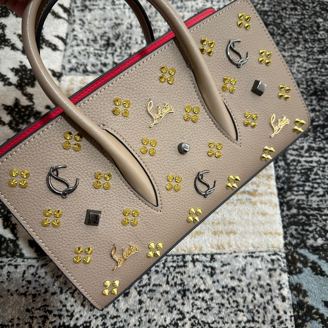 Christian Louboutin Paloma leather tote bag in beige with spikes &studs High