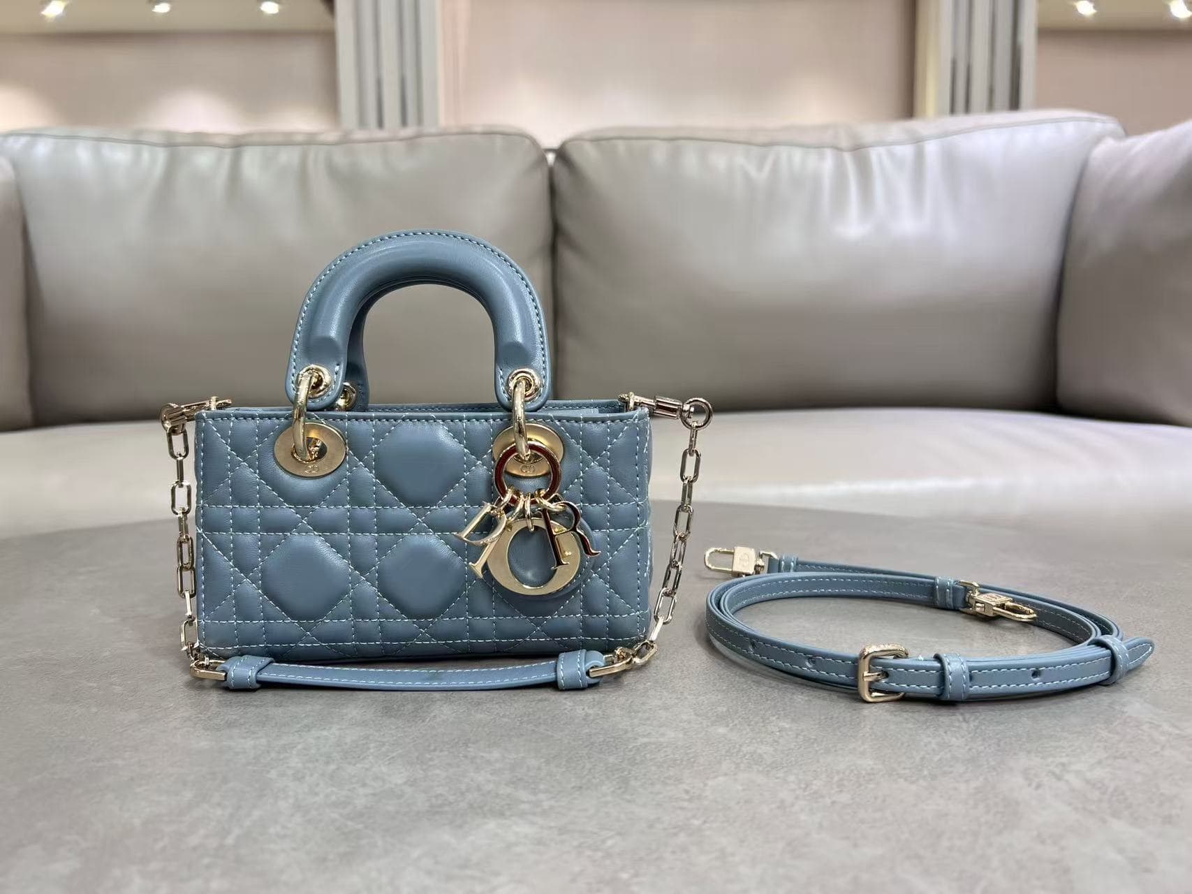 LADY D-JOY BAG MICRO Cannage Lambskin Blue High
