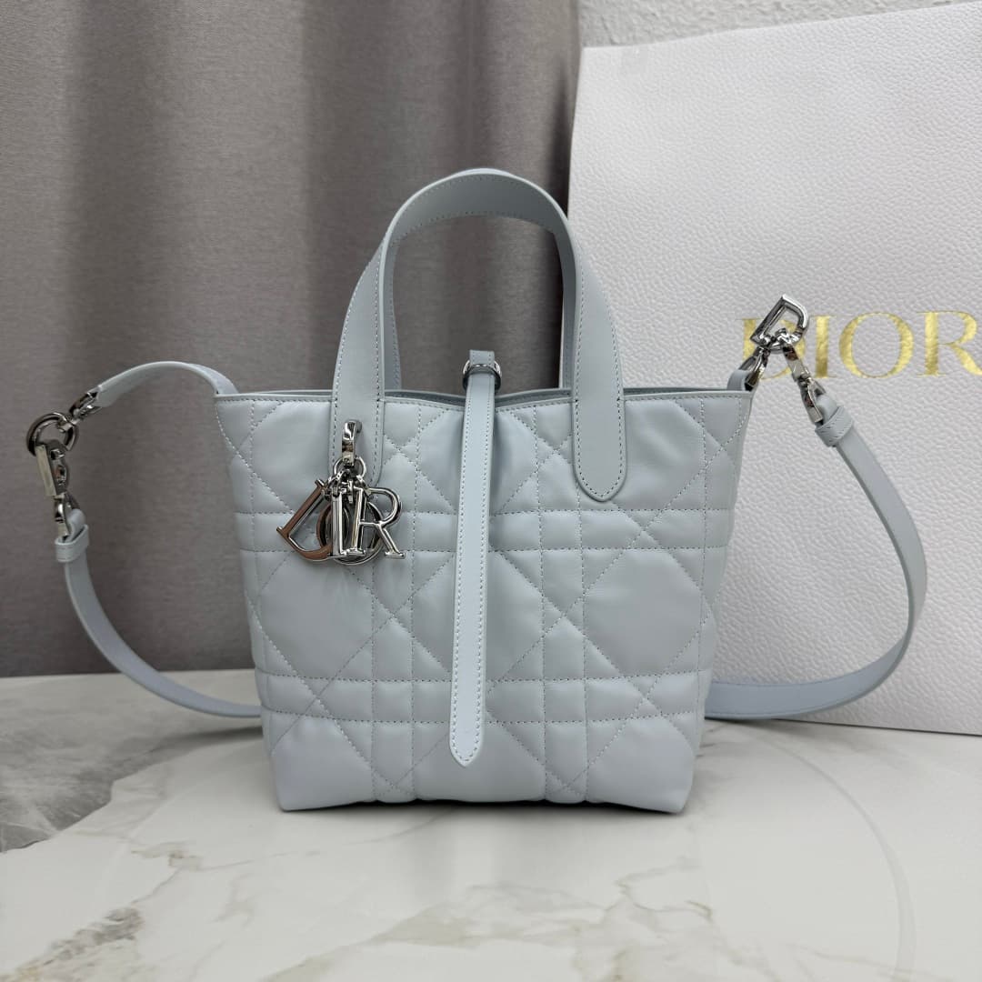 Small Dior Toujours Vertical Tote Bag in Ice Blue Macrocannage calfskin M2835 High