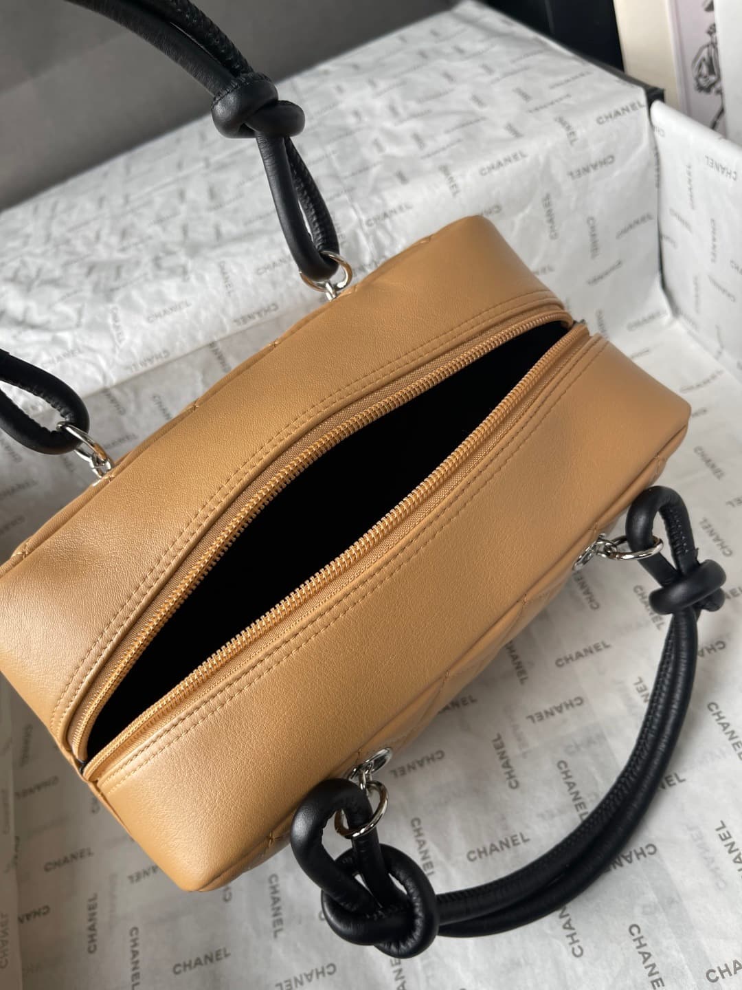 Chanel Cambon Ligne Bowler bag Calfskin & Silver-Tone Metal AS25172 Beige High
