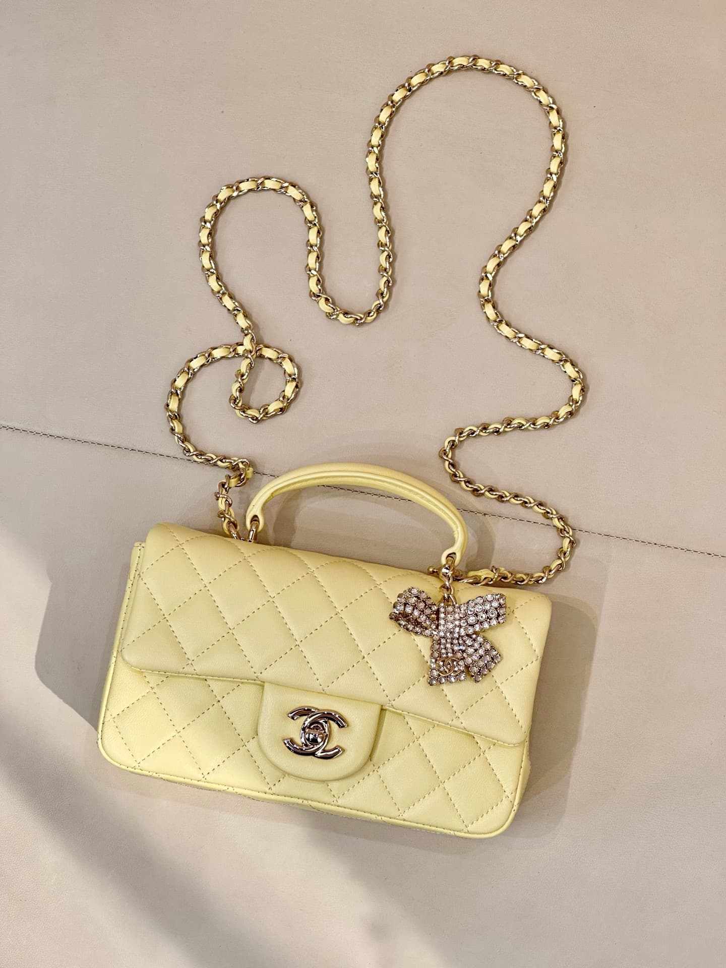 Chanel Mini Classic Handbag Lambskin Strass & Gold-Tone Metal AS2431 light yellow TOP