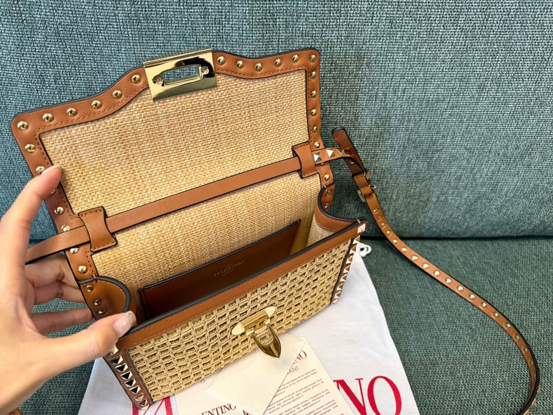Valentino Garavani Small Rockstud Raffia Shoulder Bag Beige High