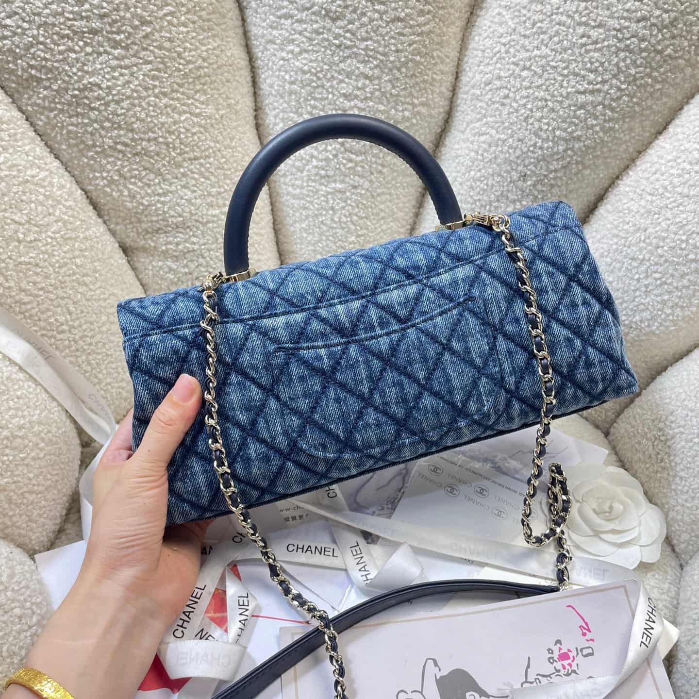Chanel Maxi Flap Bag with Top Handle Washed Denim& Gold-Tone Metal AS6091 Blue A