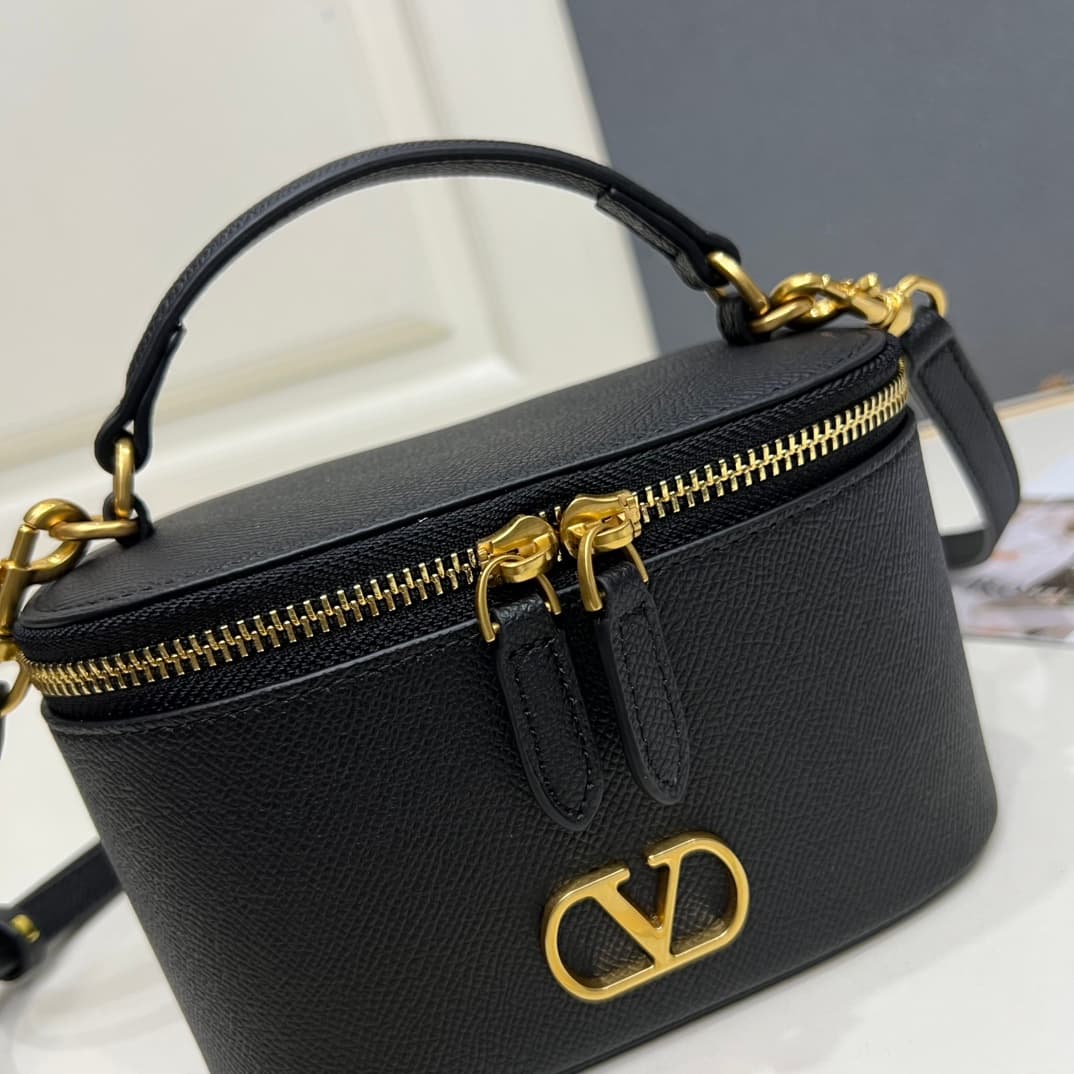 Valentino Garavani VLogo Signature Mini Vanity Bag in Black Calfskin Mid