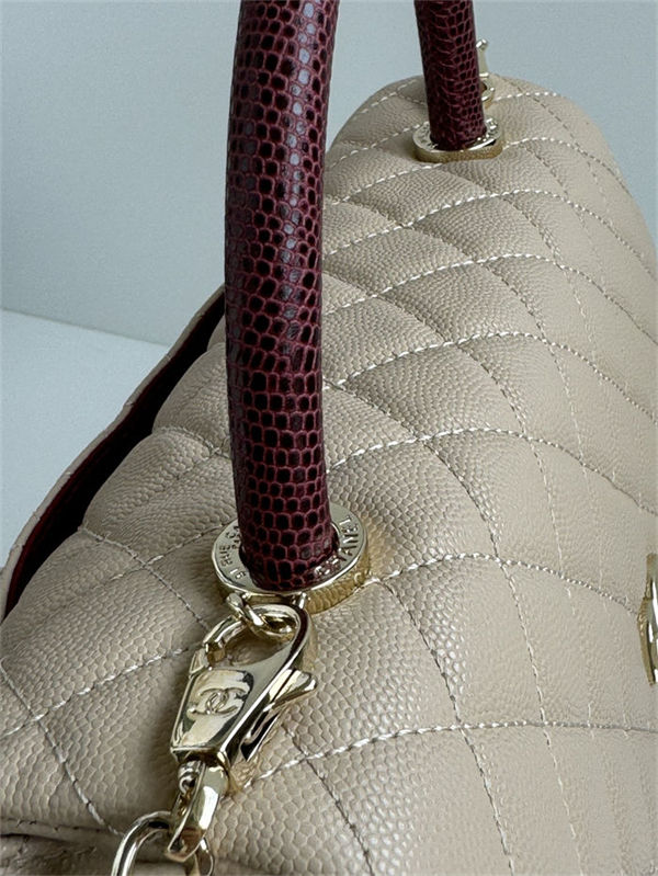 Medium FLAP BAG WITH TOP HANDLE Grained Calfskin Beige Gold Metal High