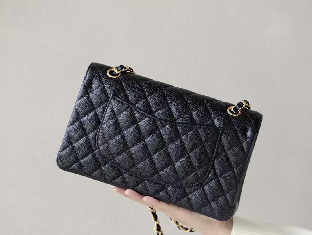 Chanel Medium CLASSIC HANDBAG Grained Calfskin Black Gold Metal TOP