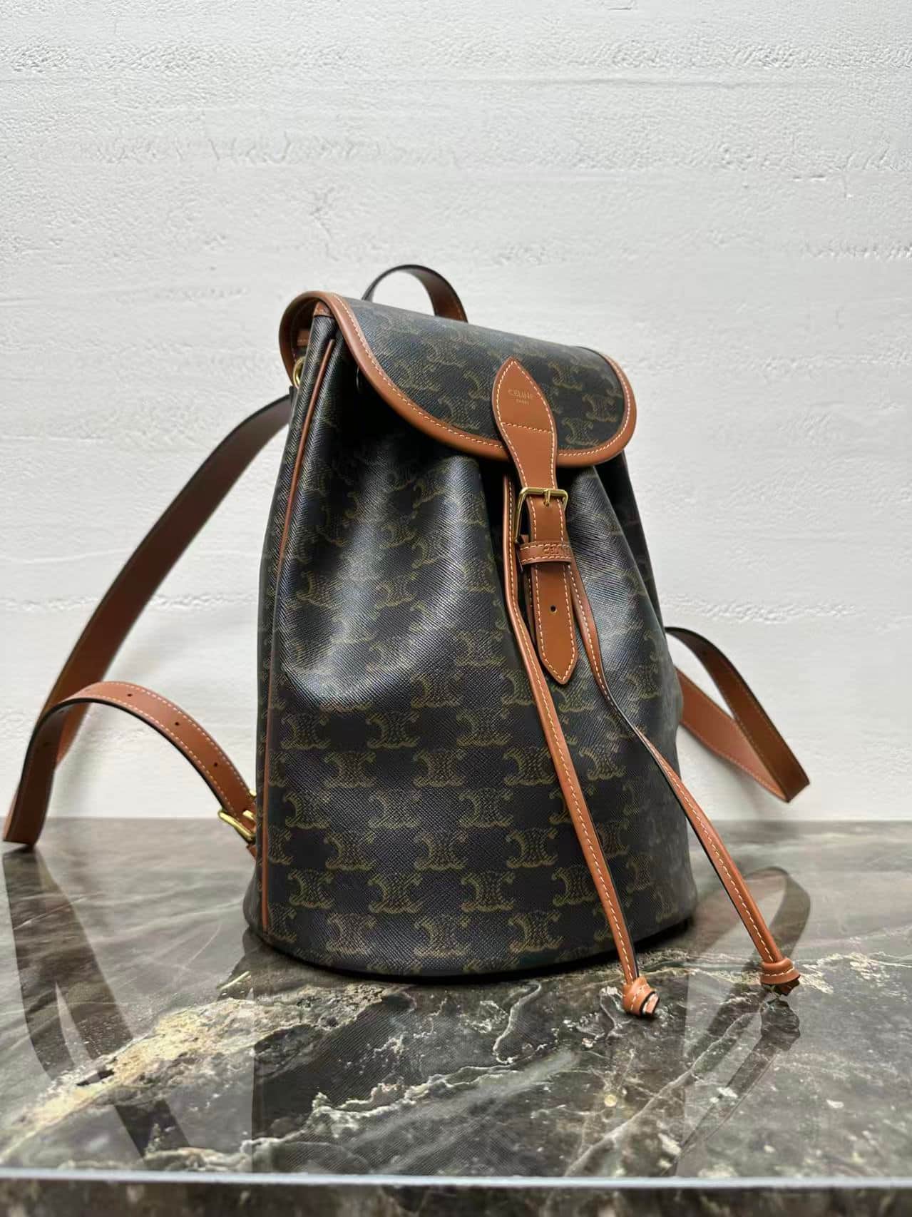 Celine Medium Backpack Folco in Triomphe canvas and calfskin high