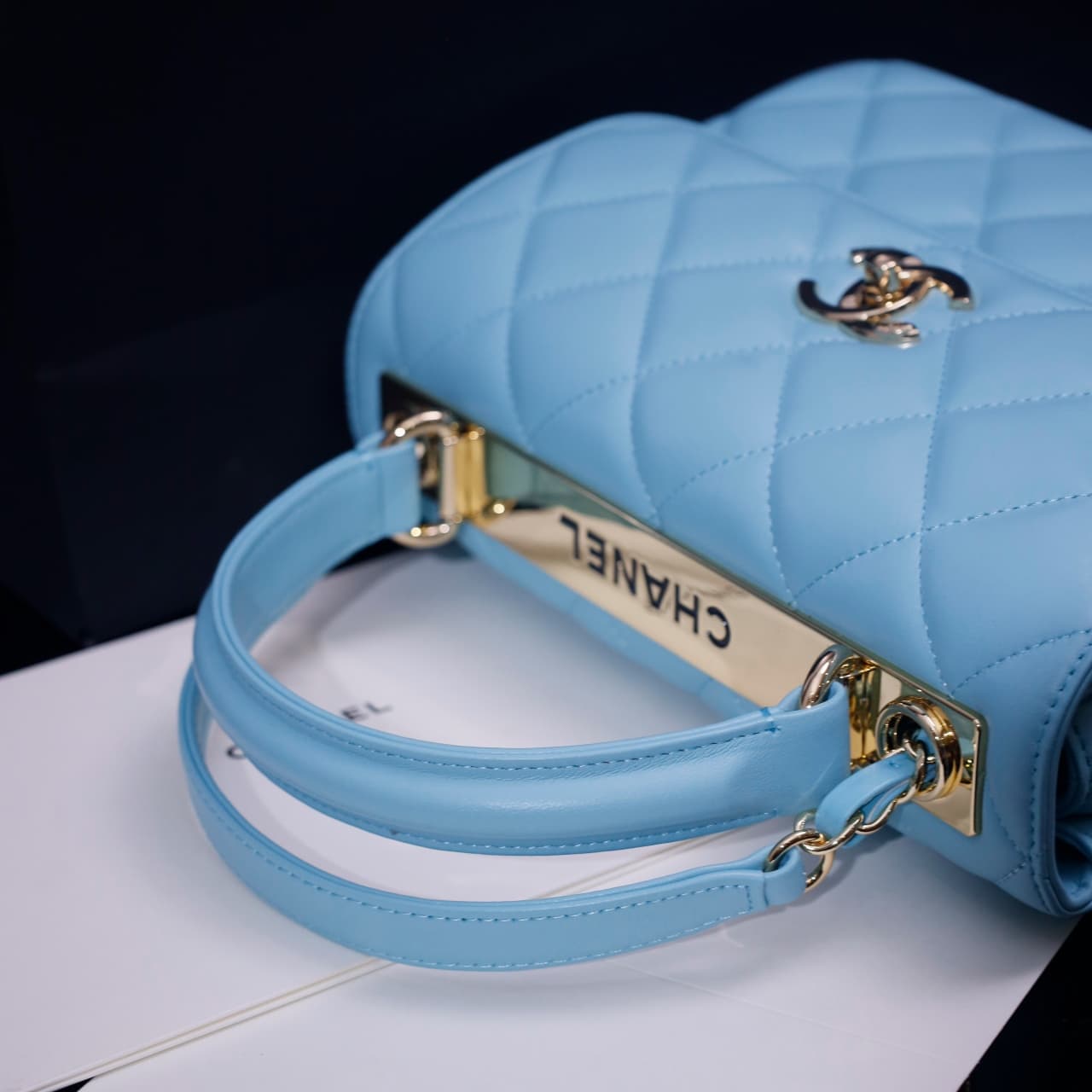 SMALL FLAP BAG WITH TOP HANDLE Lambskin Gold Metal Sky Blue A