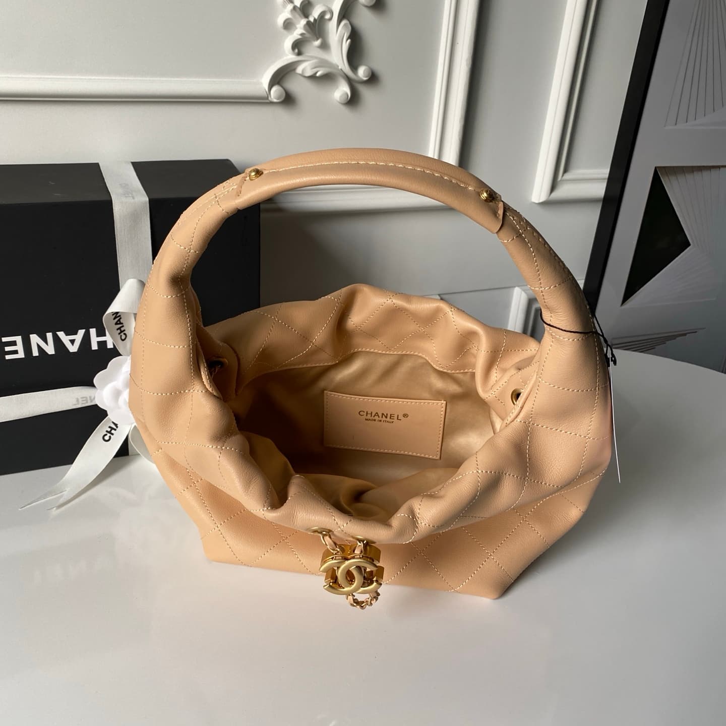 Chanel Hobo Handbag Calfskin & Gold-Tone Metal AS5976 Beige A