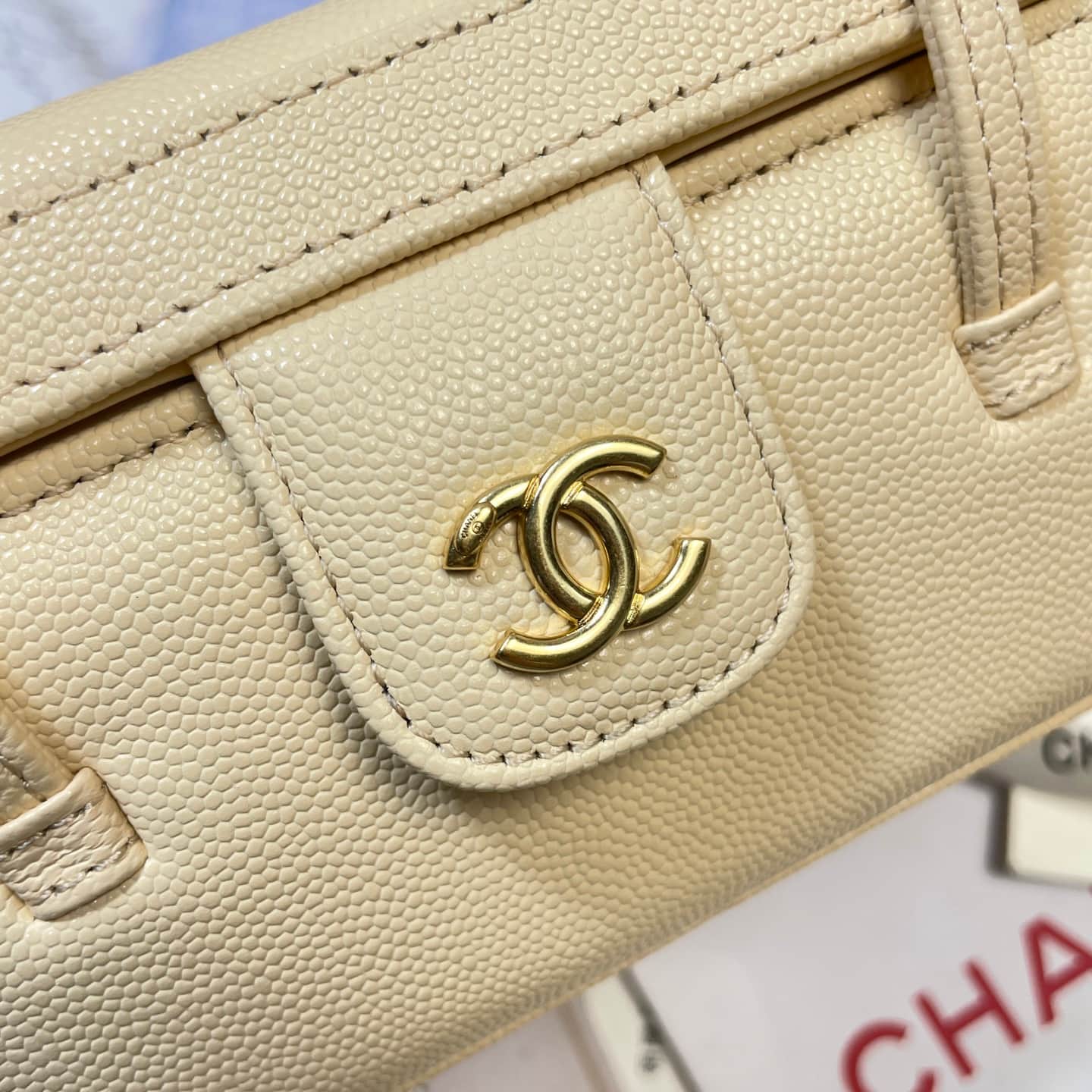 Chanel Long Vanity with Leather Strap Grained Shiny Calfskin & Gold-Tone Metal Beige AP5067 A