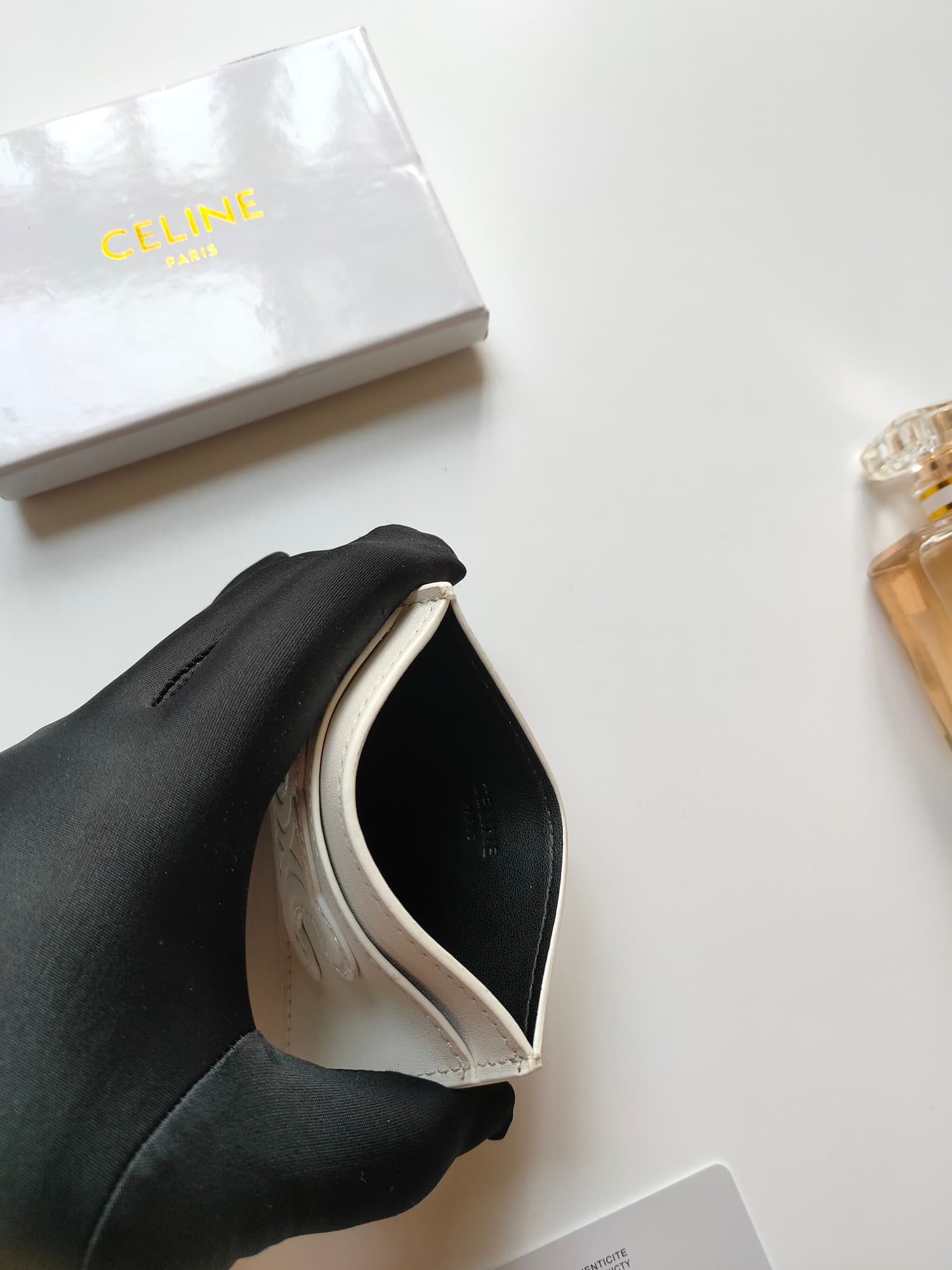 Celine Triomphe card holder in white shiny calfskin leather 10B703 High