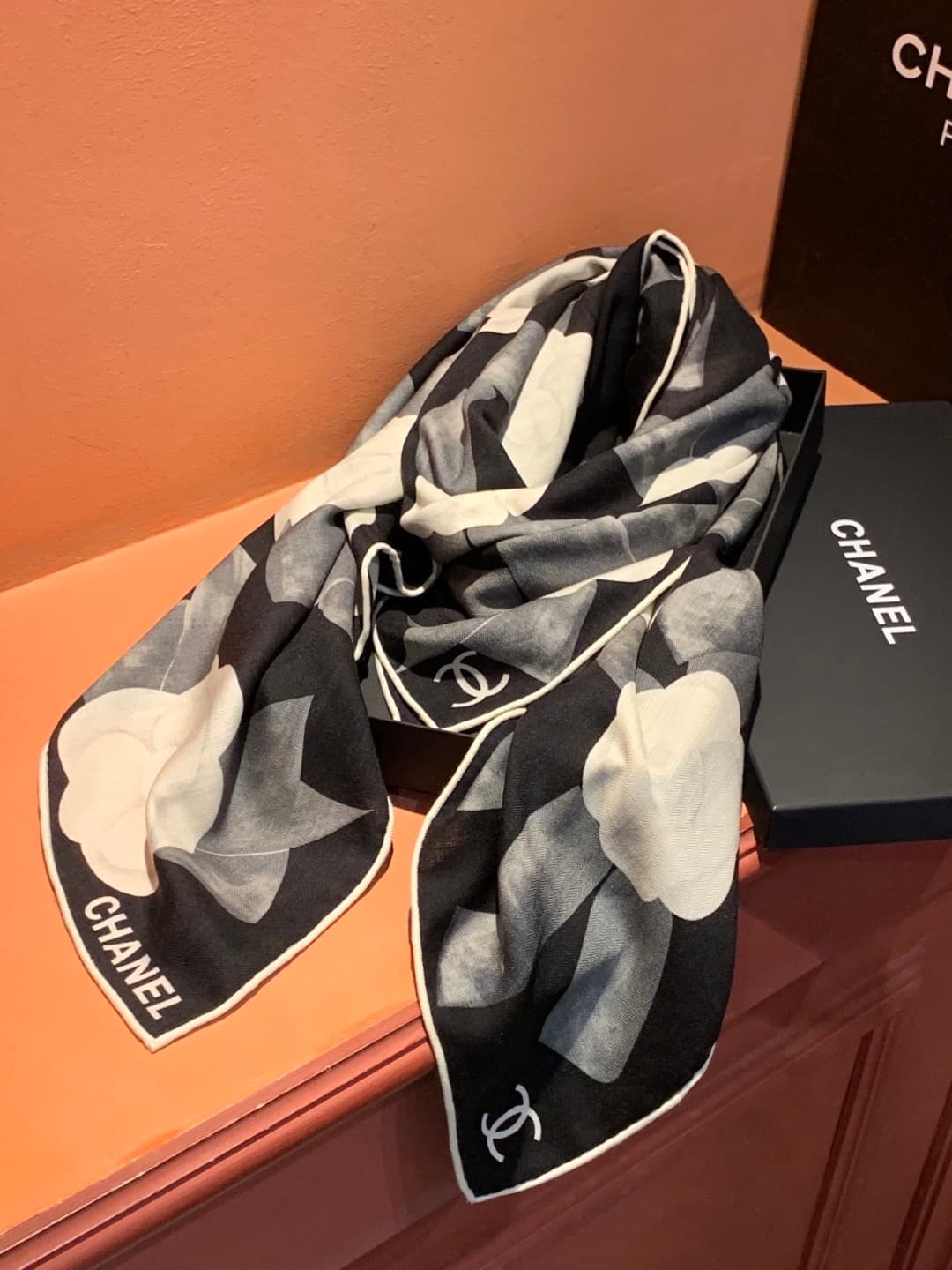 Chanel camellia and ribbon print scarf