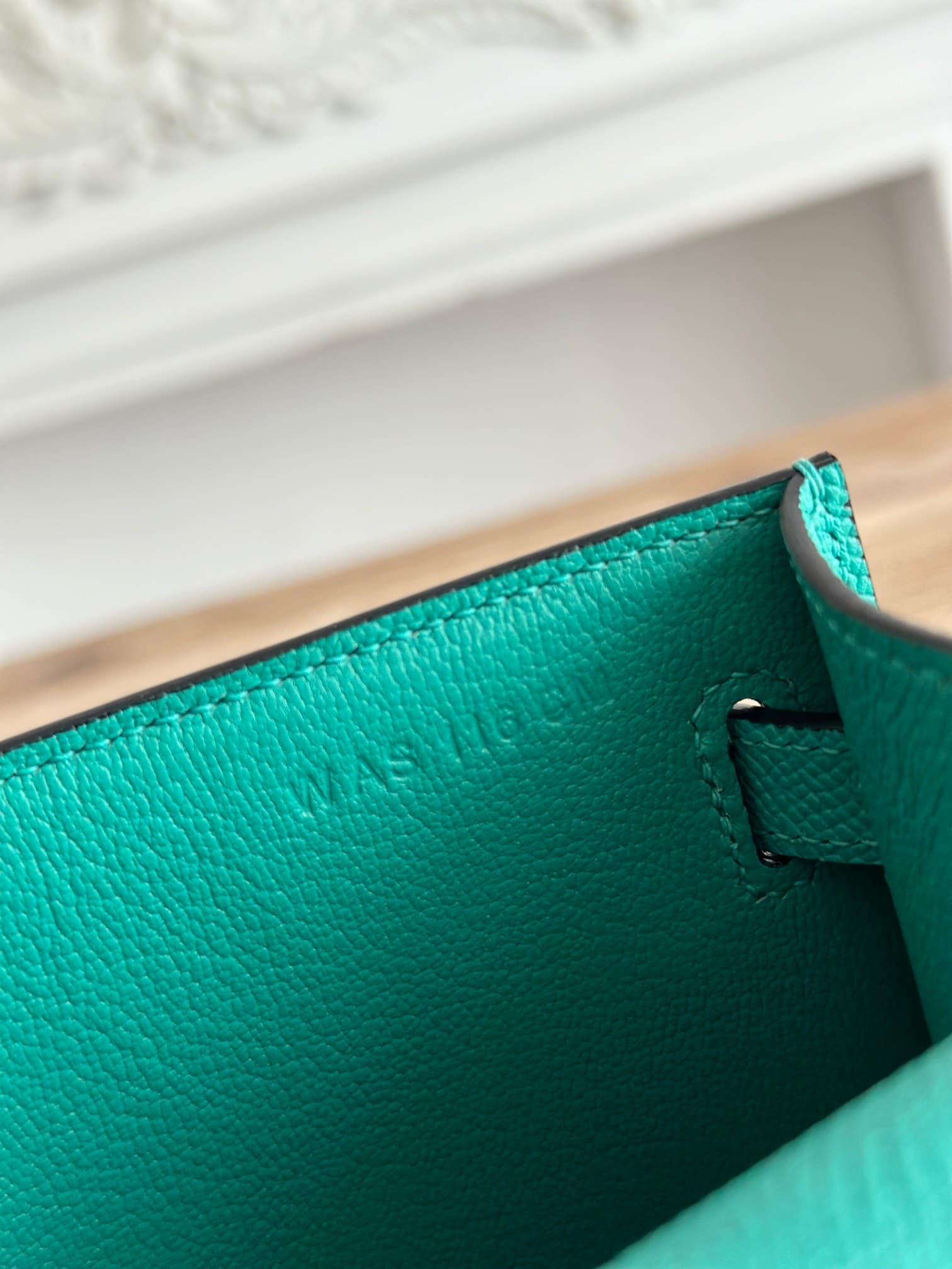 Hermes Kelly Pochette Bag Epsom Leather Silver/Gold Metal Malachite WAX High