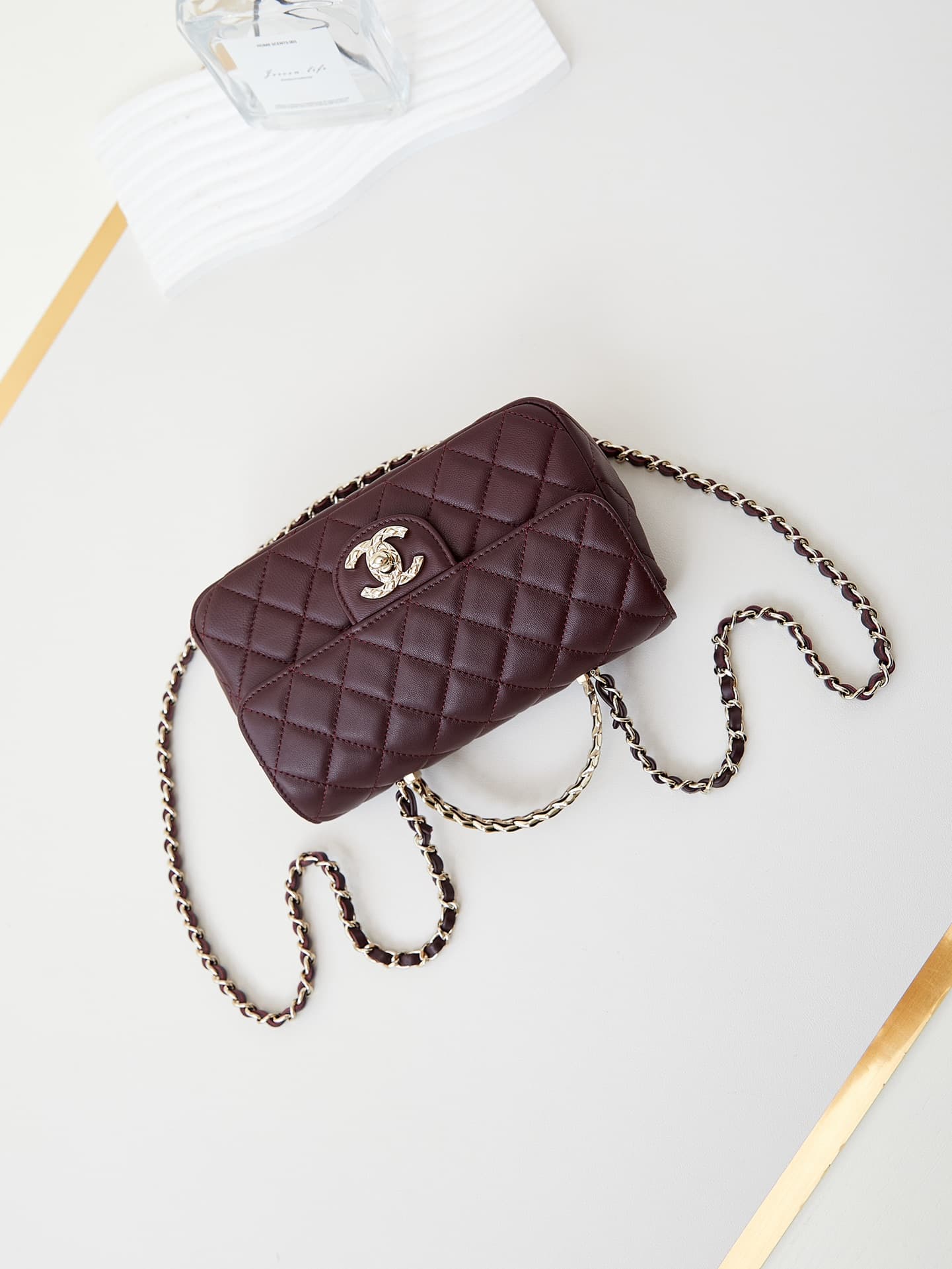 Chanel Mini Flap Bag with Top Handle Lambskin& Gold-Tone Metal Dark Burgundy AS4924 A