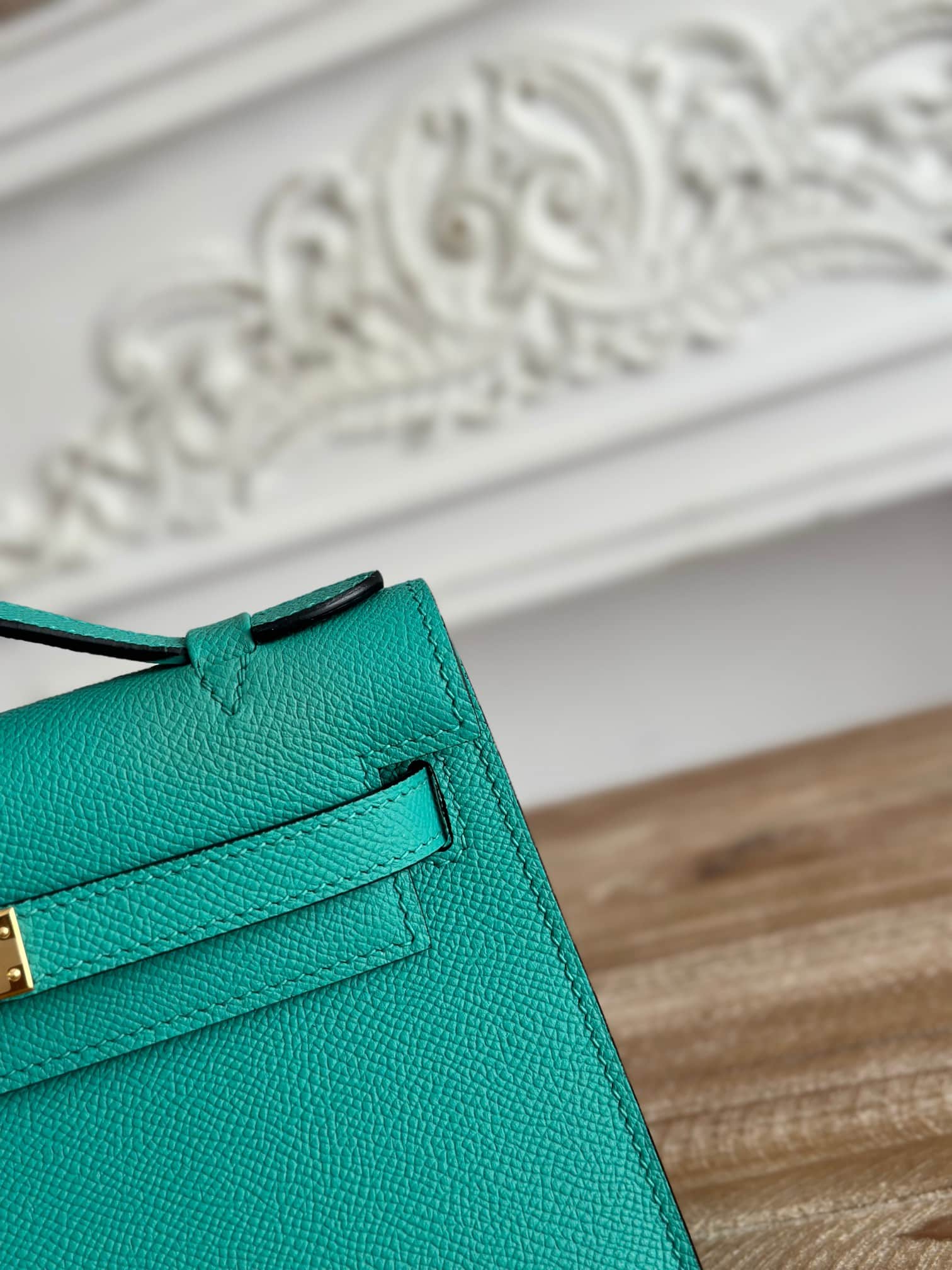 Hermes Kelly Pochette Bag Epsom Leather Silver/Gold Metal Malachite WAX High