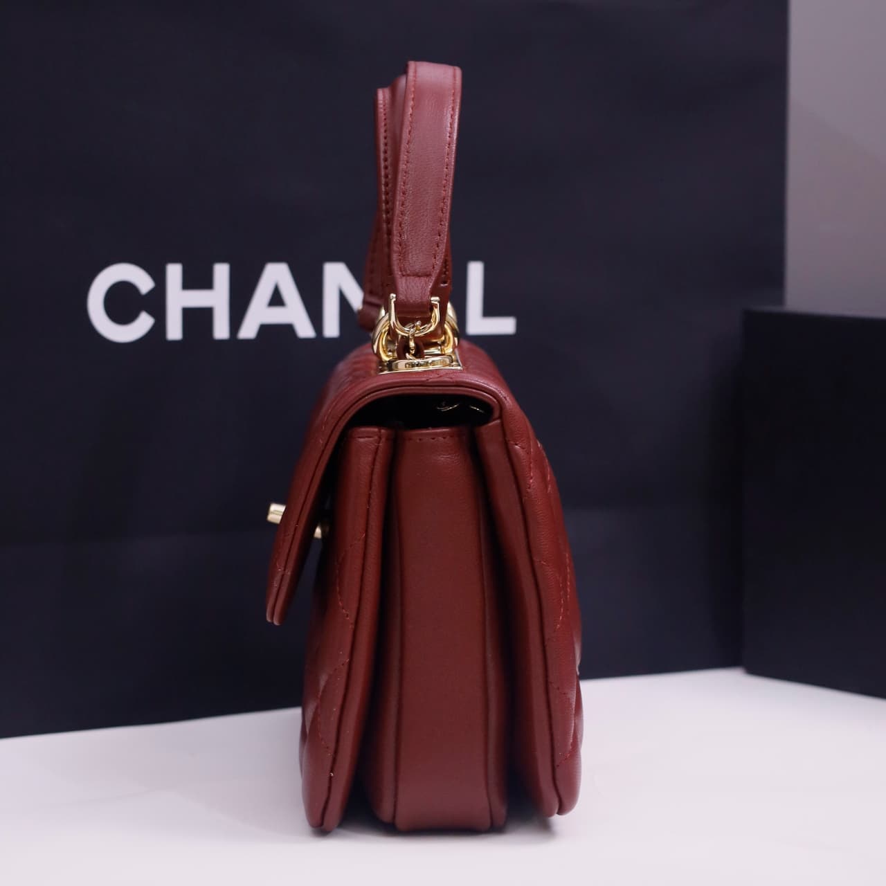 Chanel MINI FLAP BAG WITH TOP HANDLE AS4654 Lambskin &Gold-Tone Metal Brown A
