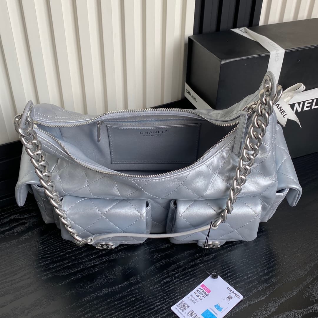 Chanel Trendy Pockets Hobo Bag Lambskin & Silver Metal Silver AS5302 A