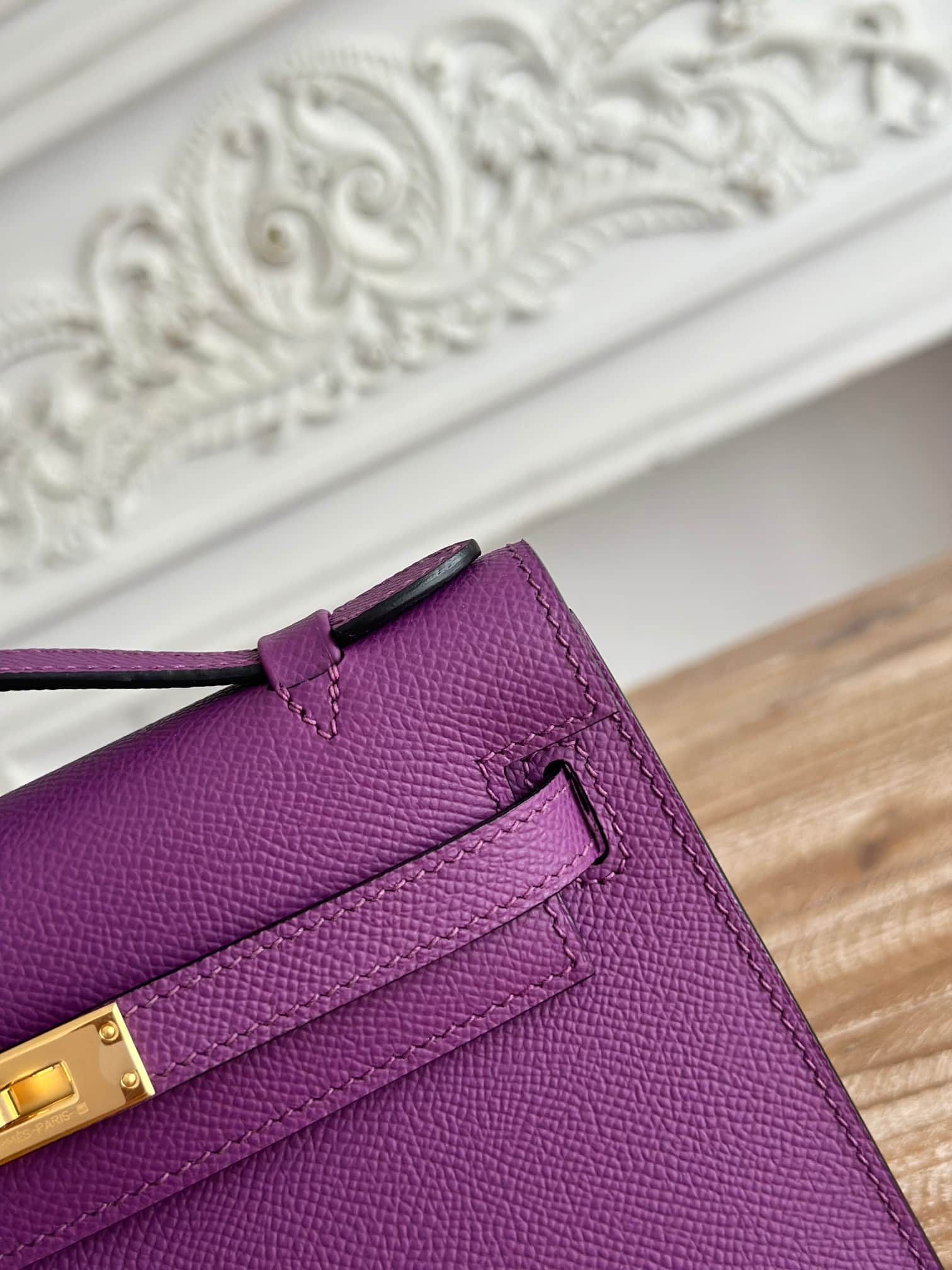 Hermes Kelly Pochette Bag Epsom Leather Silver/Gold Metal Anemone WAX High