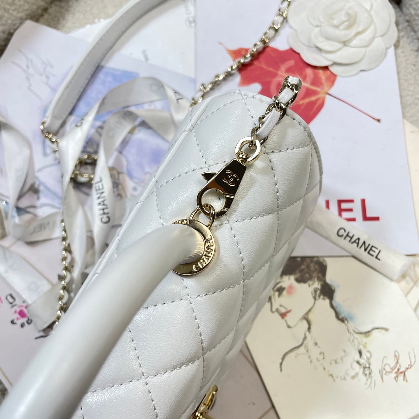 Chanel Maxi Flap Bag with Top Handle Calfskin& Gold-Tone Metal AS6091 White A