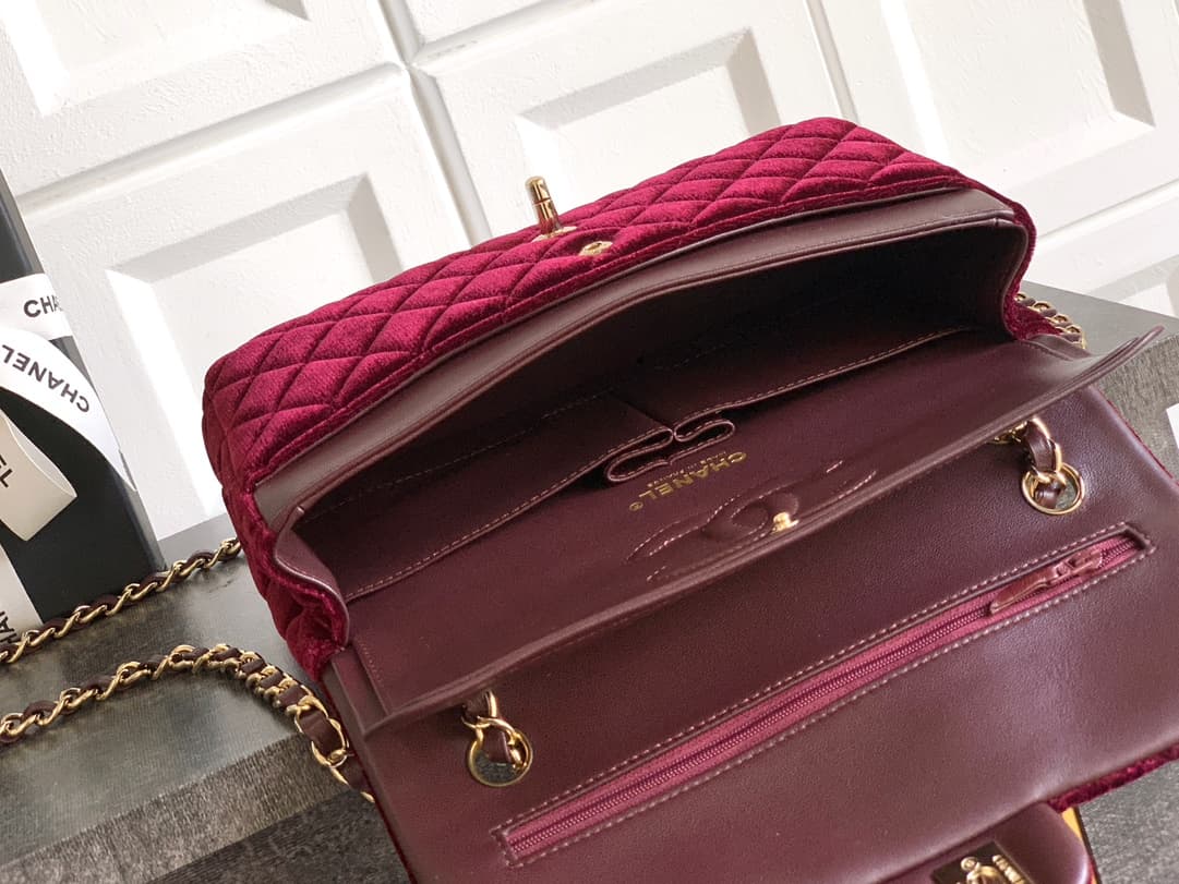 Chanel Medium CLASSIC HANDBAG Velvet  & Gold-Tone Metal Dark Brown A