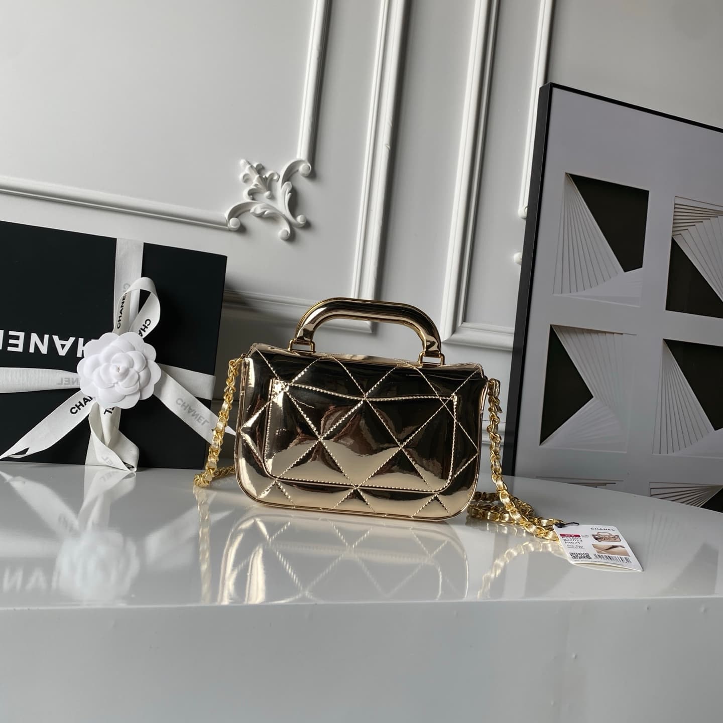 Chanel Mini Flap Bag with Top Handle Metallic Mirror Calfskin& Gold-tone Metal Gold AS5805 A