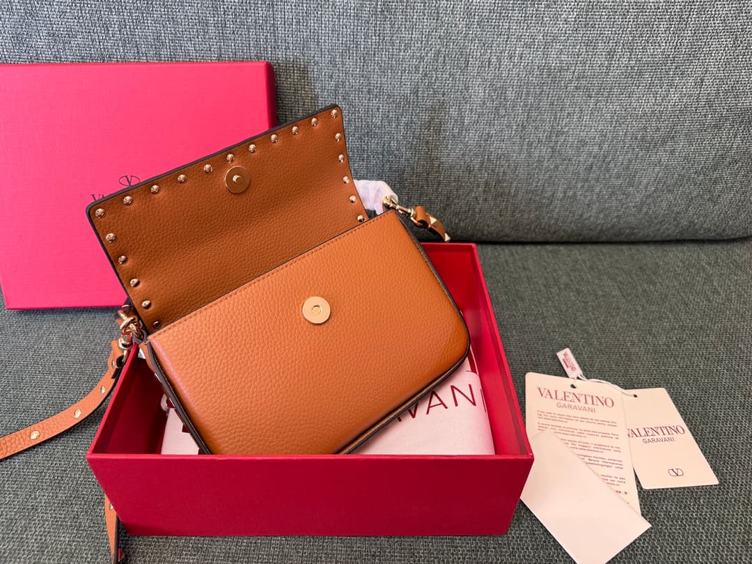 Valentino Garavani Mini Rockstud Grainy Leather Crossbody Bag in Caramel High