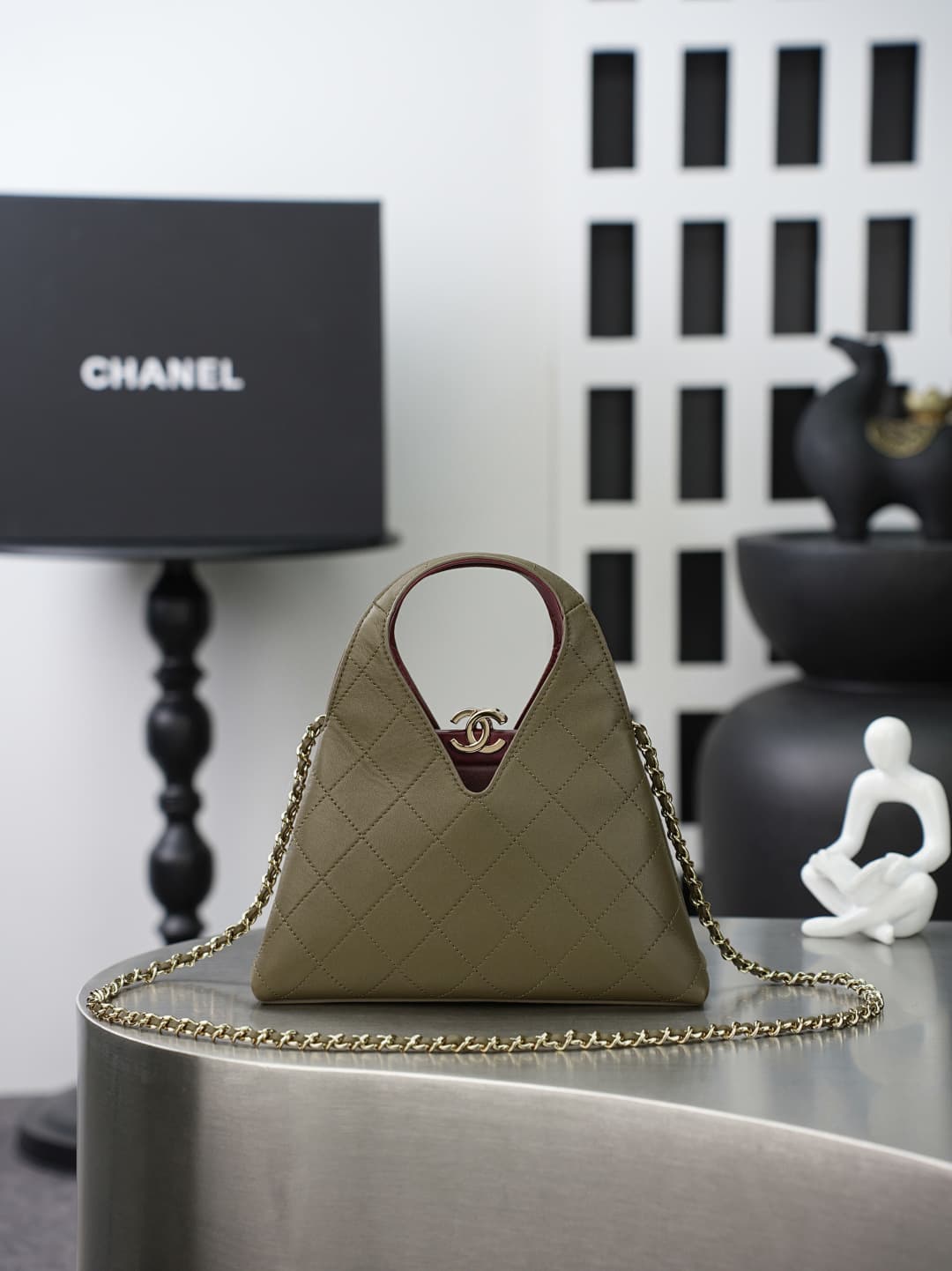 Chanel Shopping Bag Lambskin & Gold-Tone Metal Khaki Green AS6392 A