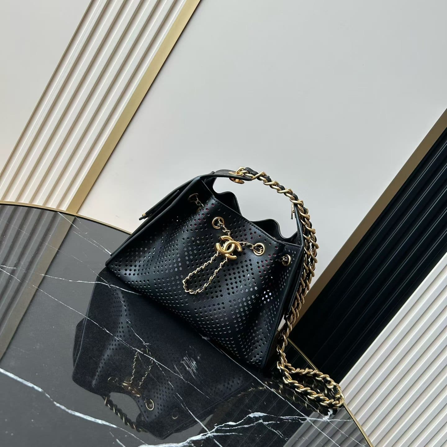 CHANEL 25 Mini Handbag Perforated Calfskin & Gold-Tone Metal Black AS5631 A