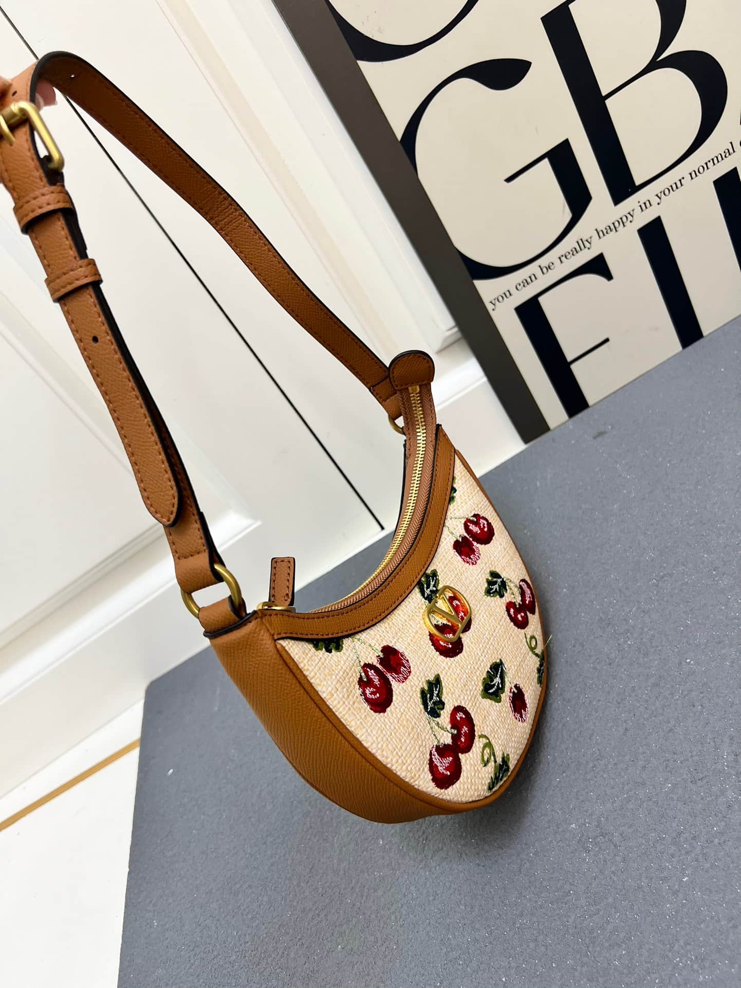 Valentino VLogo Signature Mini Hobo Bag In Jacquard Raffia With Cherryfic Pattern Mid