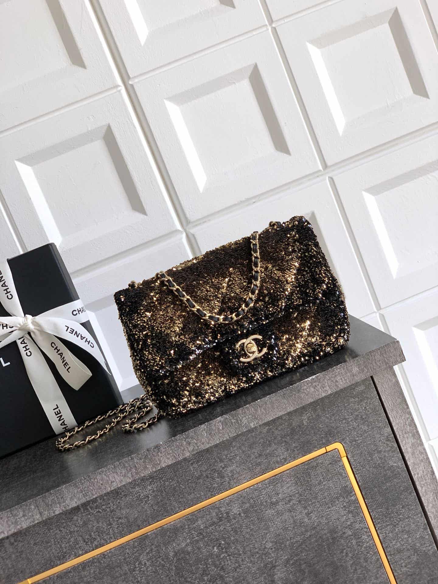 Chanel Classic Mini Flap Bag Sequin Embroidery & Gold-Tone Metal Dark Gold 6171 A