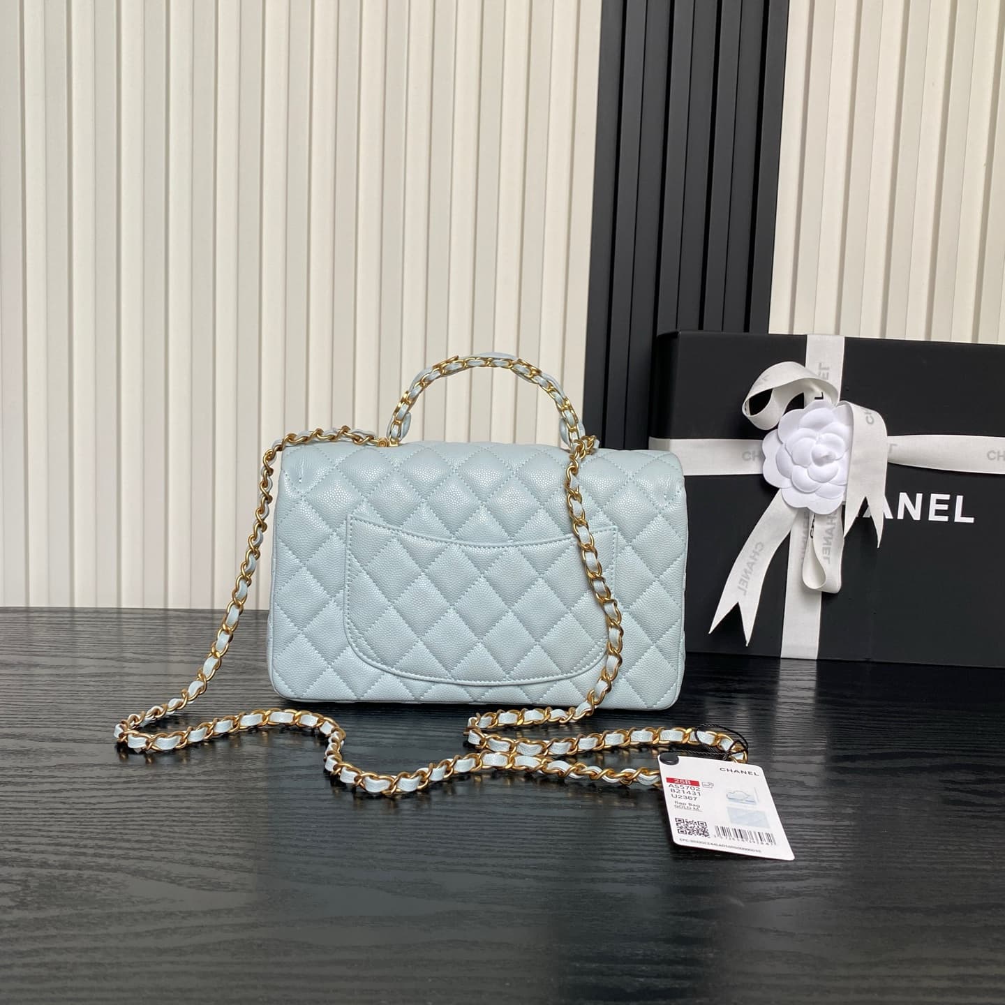Chanel Small Flap Bag with Top Handle Grained Shiny Calfskin &  Gold-Tone Metal Blue AS5702 A