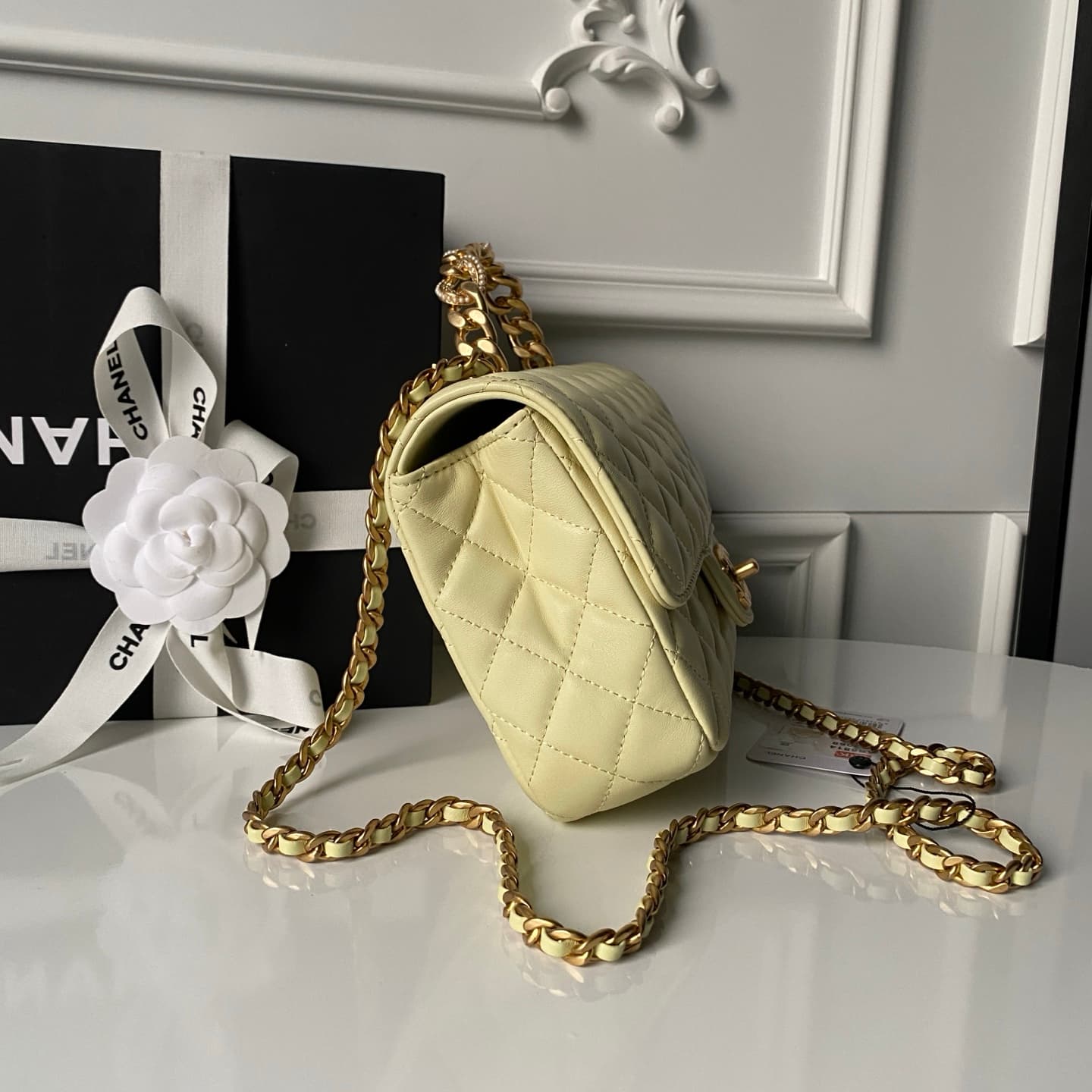 Chanel Small Flap Bag with Top Handle Lambskin& Gold-tone Metal Light Yellow AS5814 A