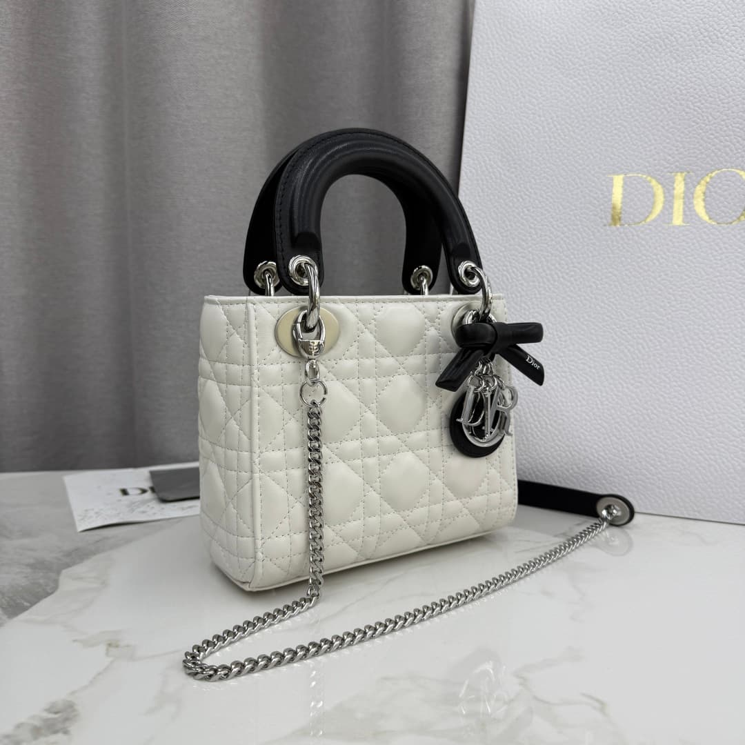 Dior Mini Lady Dior Bag Lambskin Cannage In White With Leather Bow High
