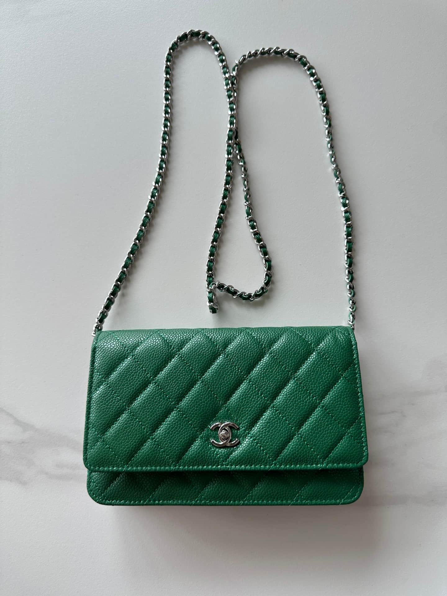 Chanel Classic Wallet on Chain Grained Shiny Calfskin & Silver-Tone Metal AP4241 Green High