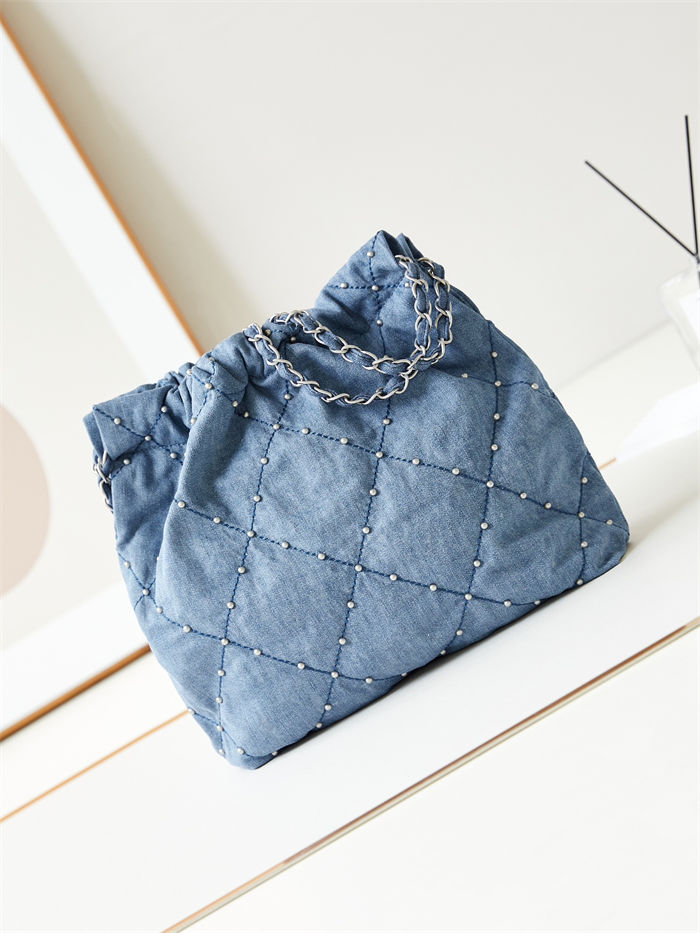 Chanel 22 SMALL HANDBAG Denim & Silver-Tone Metal AS3260 Blue A