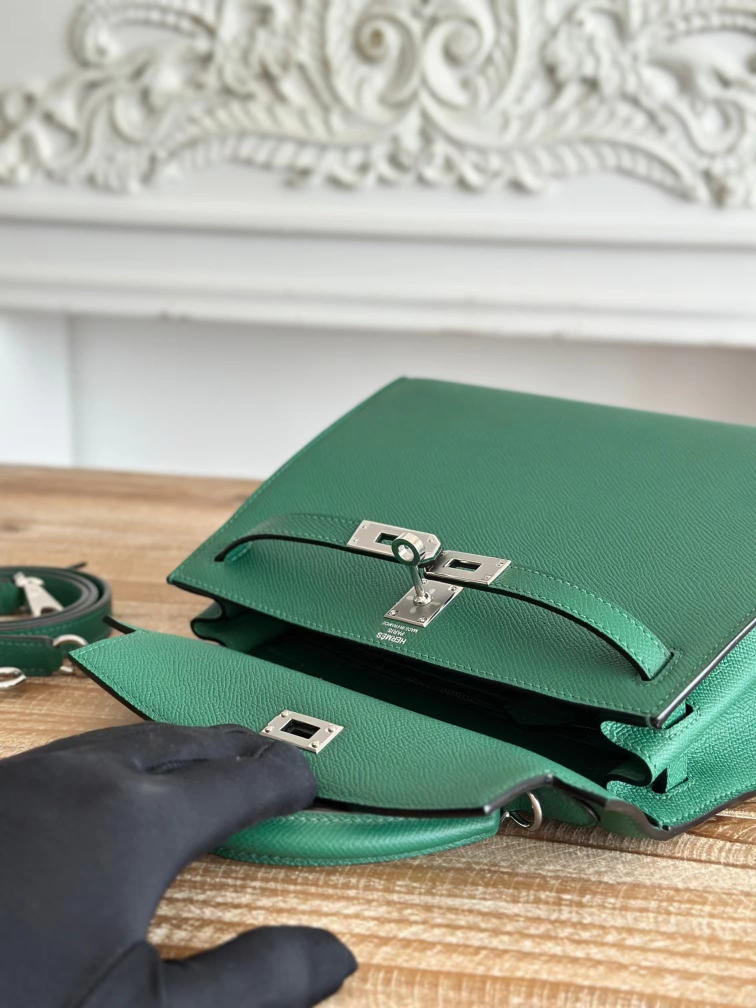 Hermes Kelly 25/28cm Sellier Bag Epsom Leather Silver/Gold Metal In Vert foncé WAX High
