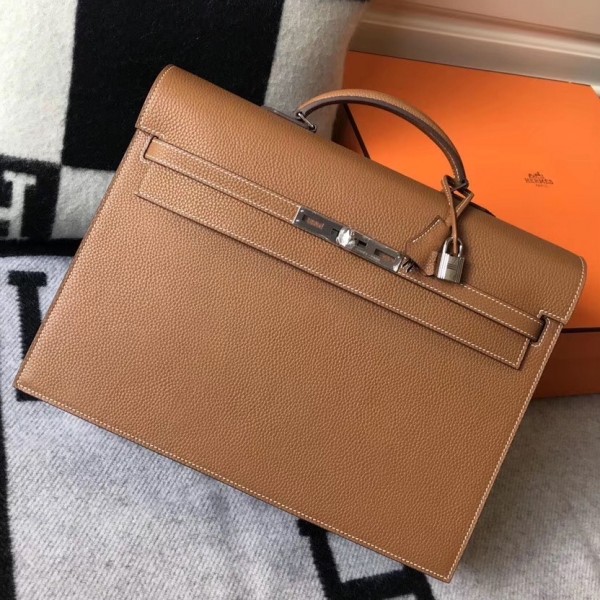 Hermes Kelly Depeche 38 Briefcase In Brown Calfskin WAX High