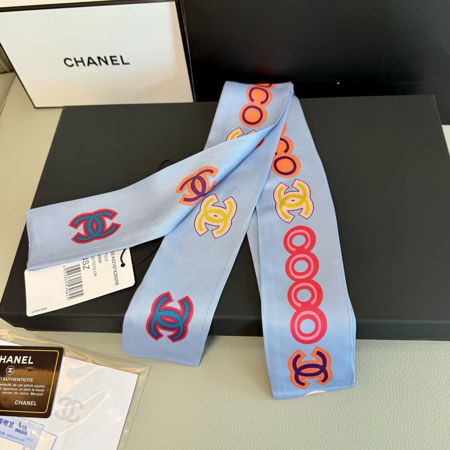 Chanel Black Silk Bandeau Slim Scarf