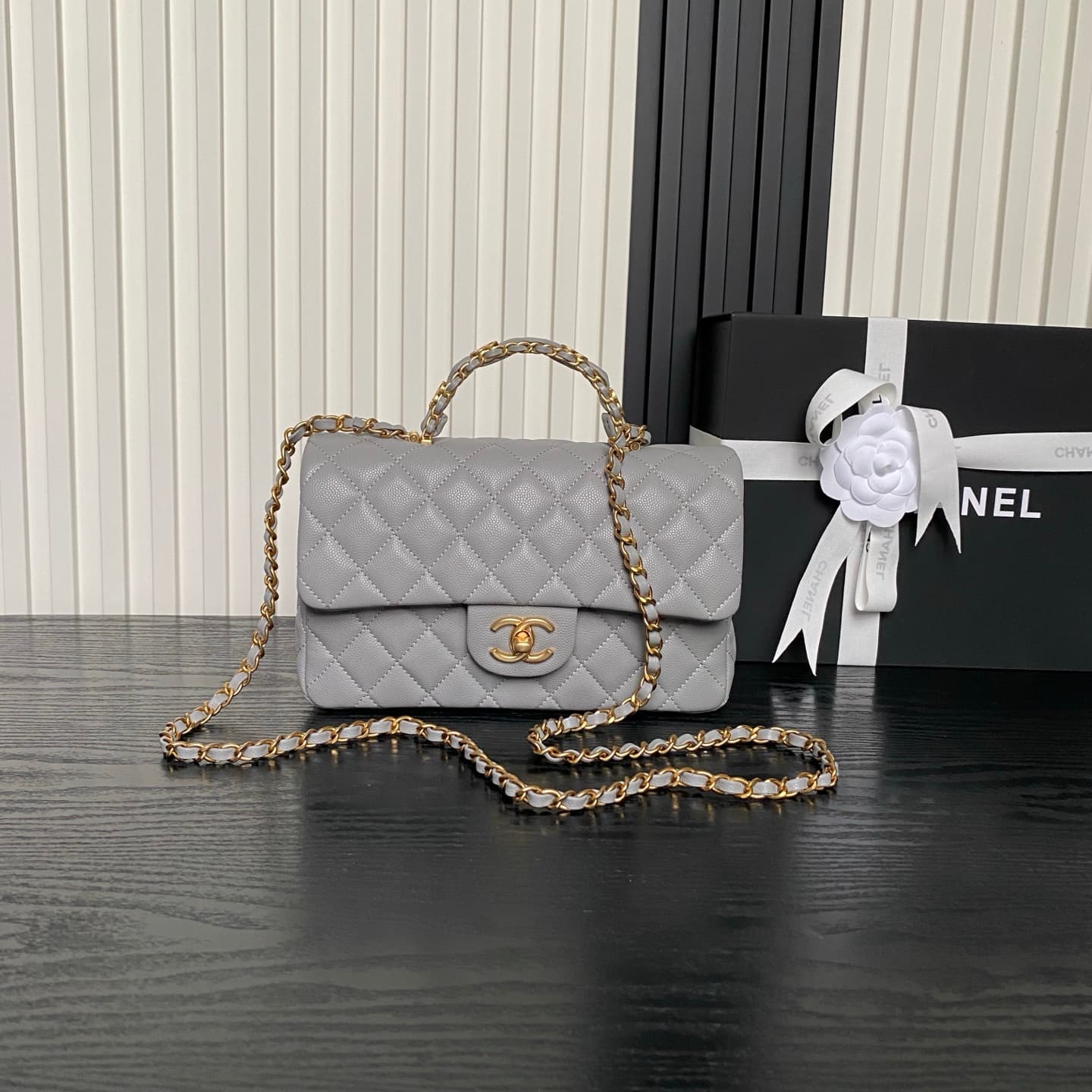 Chanel Small Flap Bag with Top Handle Grained Shiny Calfskin &  Gold-Tone Metal Grey AS5702 A
