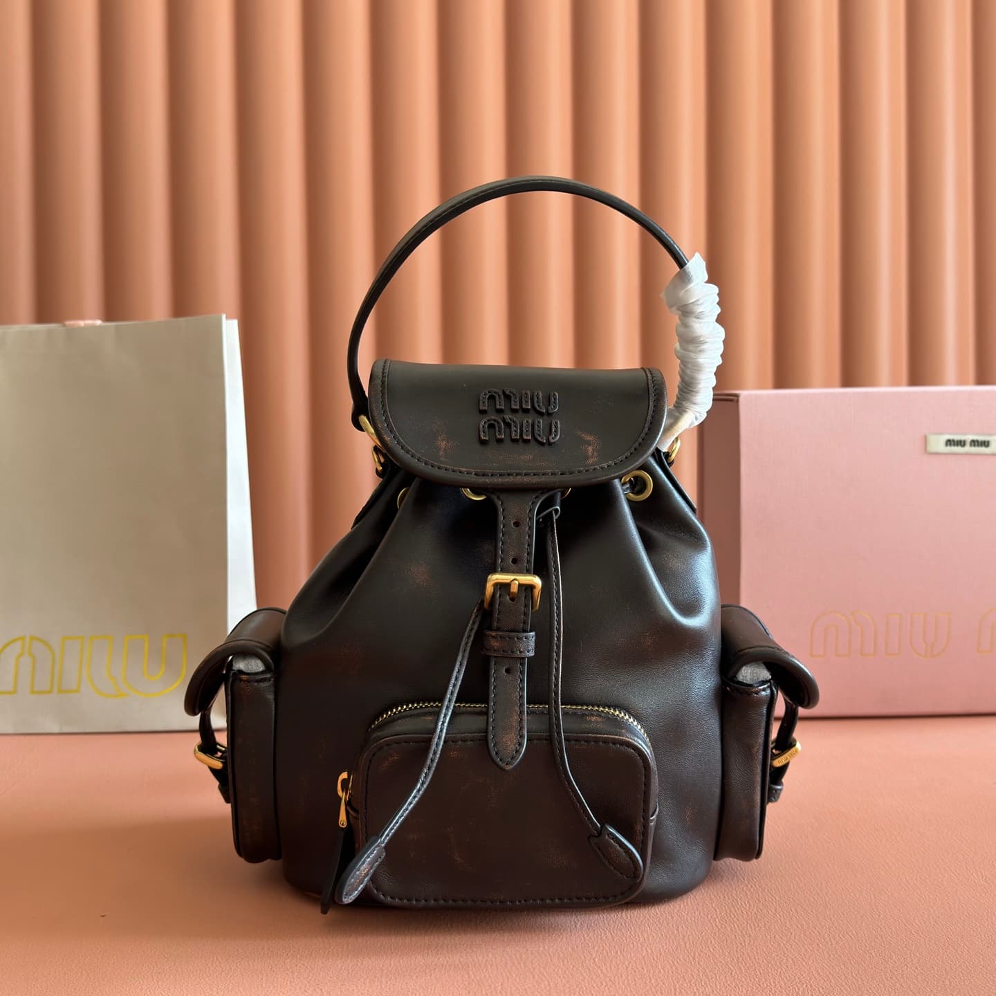 Miu Miu Leather backpack Coffee Calfskin 5BZ043  TOP