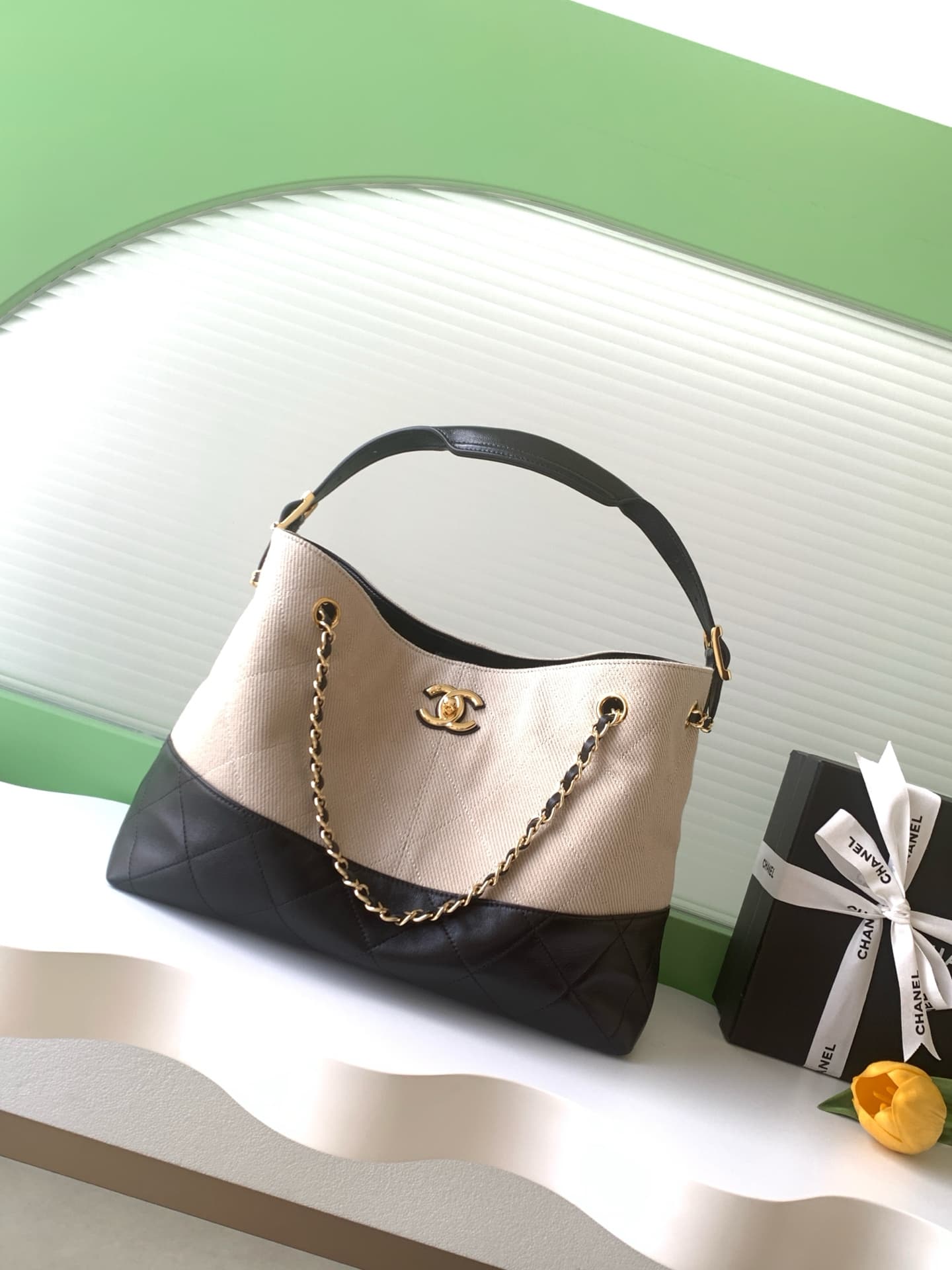 Chanel Small Shopping Bag Calfskin With Canvas& Gold-Tone Metal AS5634 A