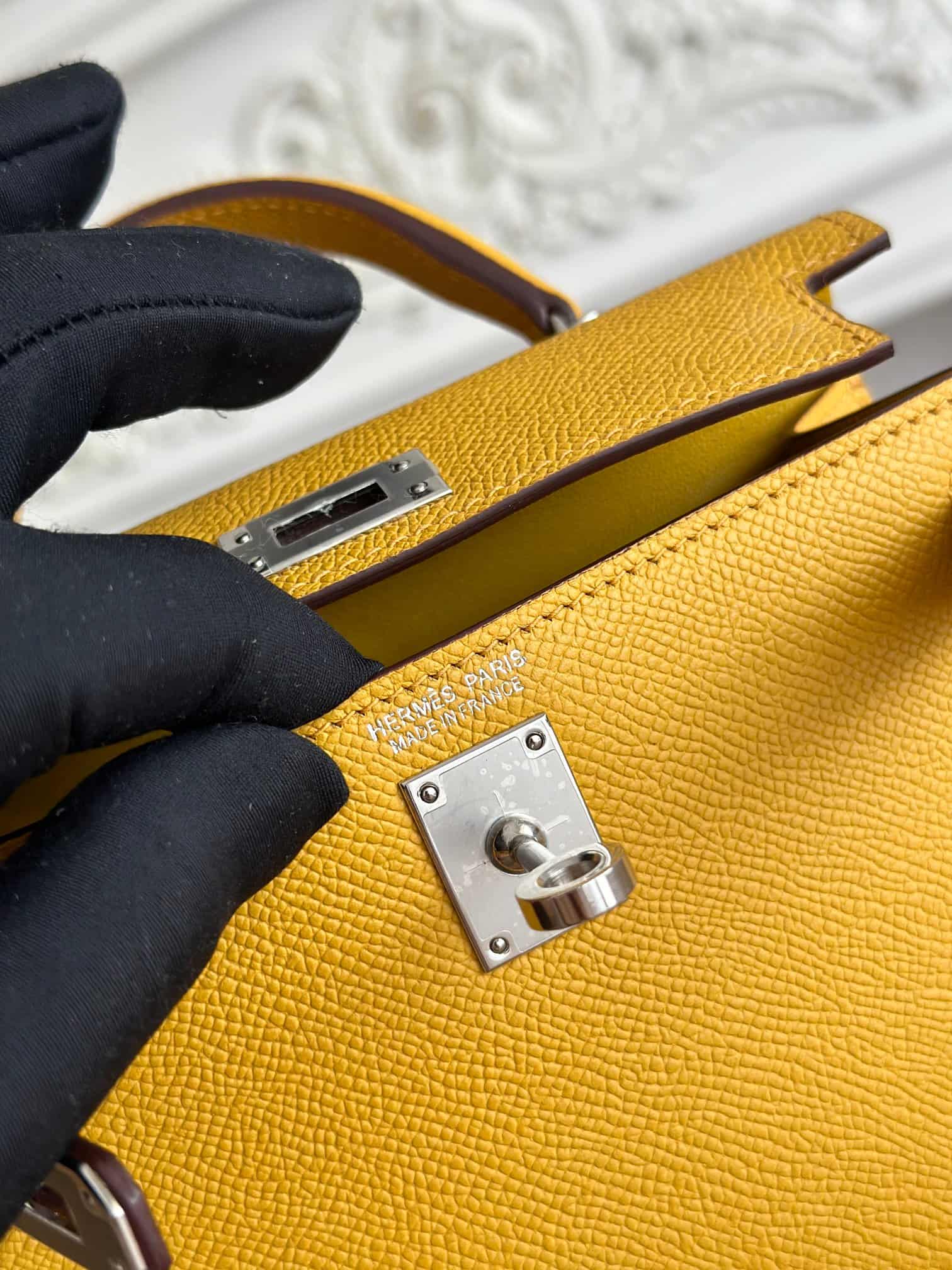 Hermes Kelly Mini II Bag Epsom Leather WAX Silver/Gold Metal Jaune Ambre High