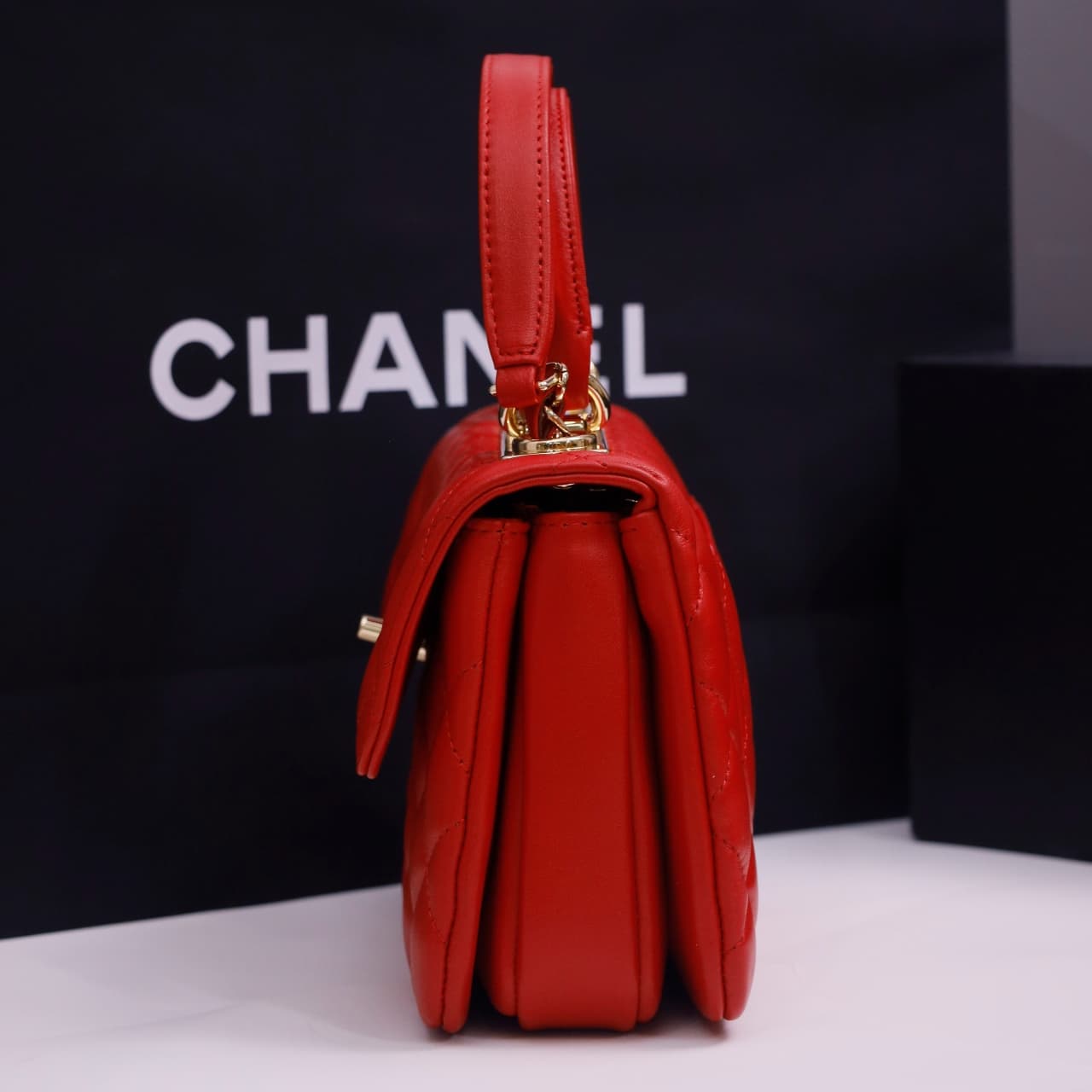 Chanel MINI FLAP BAG WITH TOP HANDLE AS4654 Lambskin &Gold-Tone Metal Light Red A